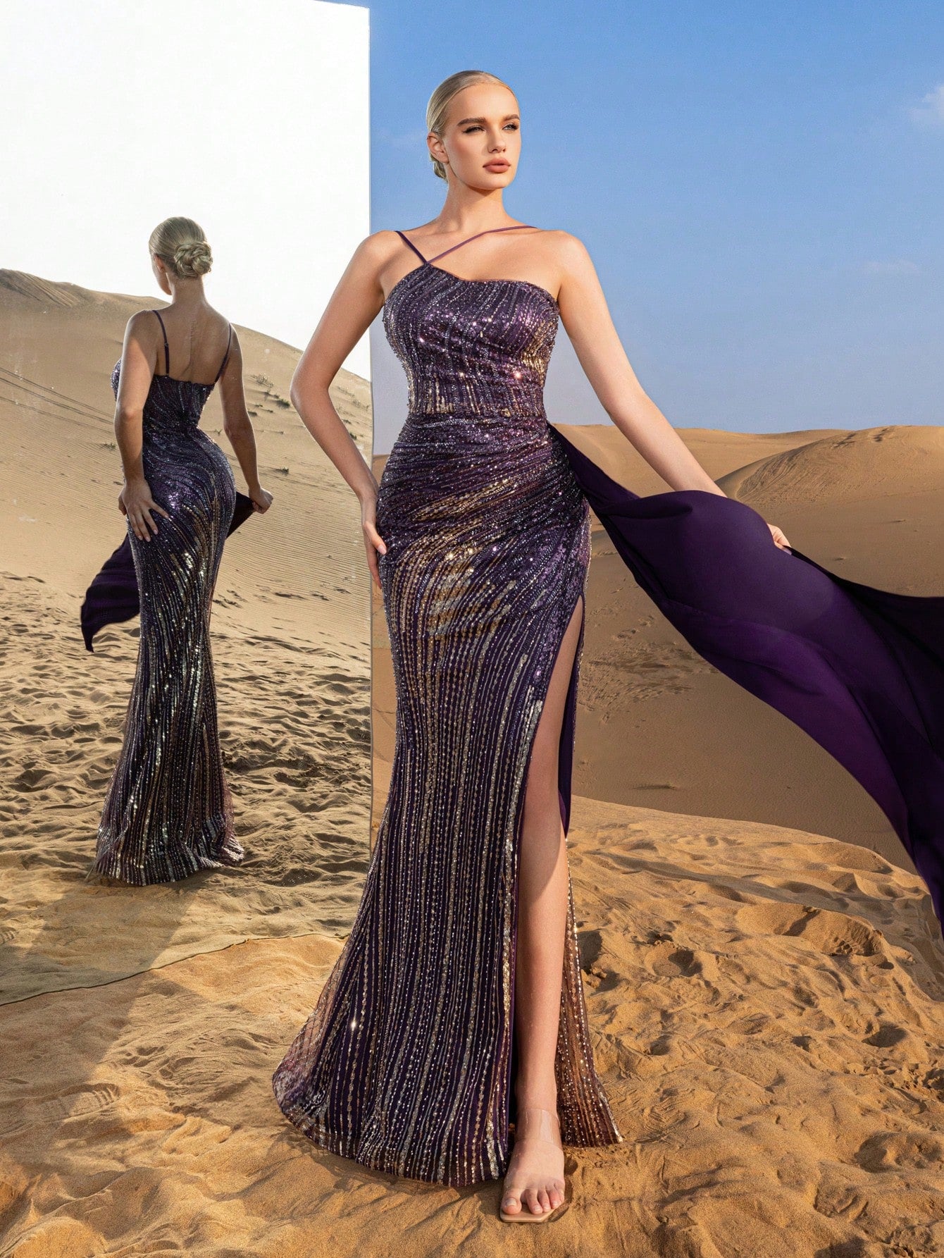 Gorgeous Beaded Sequin Full-Length Gown with High Slit & Sleek Design
