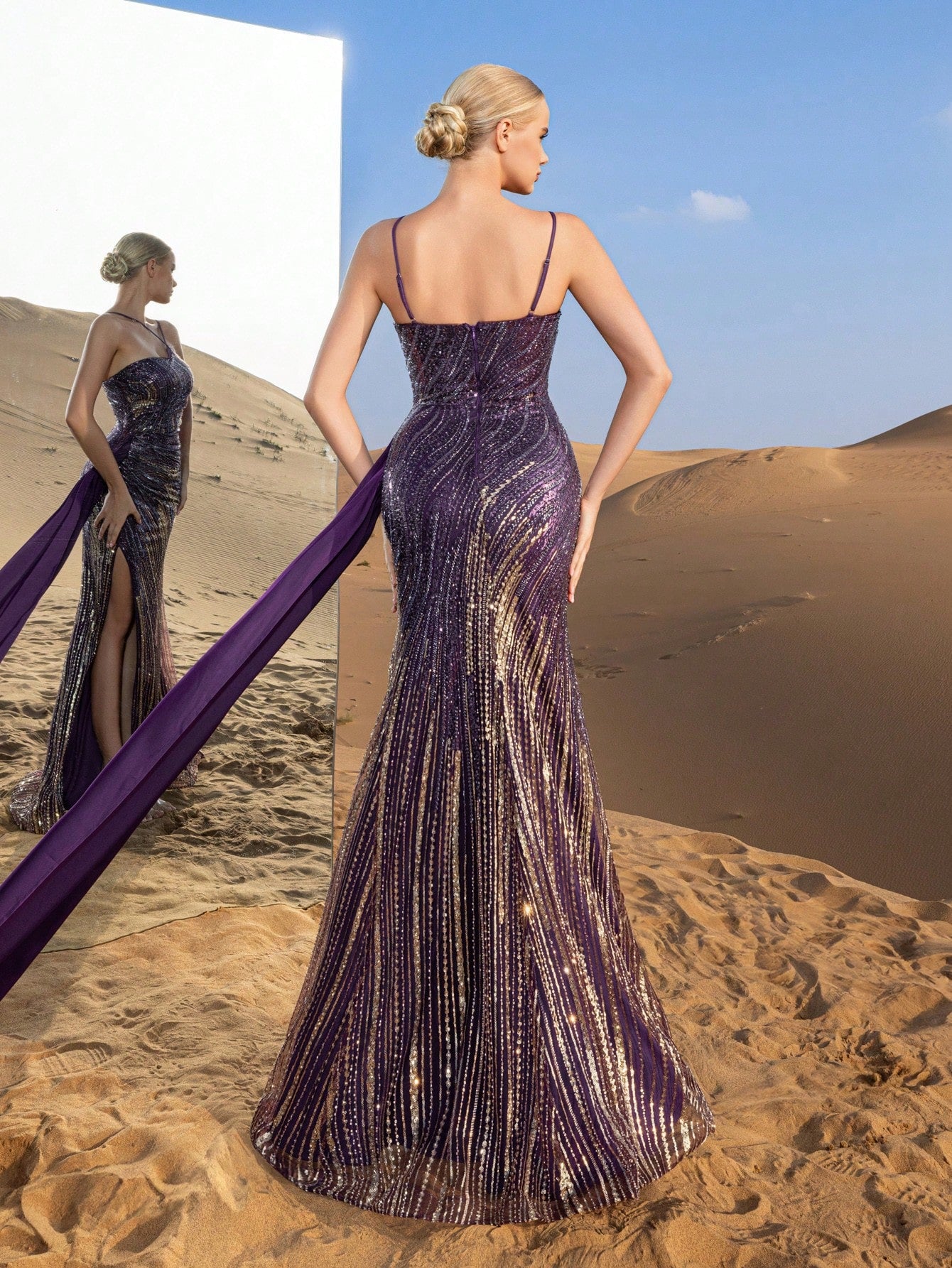 Gorgeous Beaded Sequin Full-Length Gown with High Slit & Sleek Design