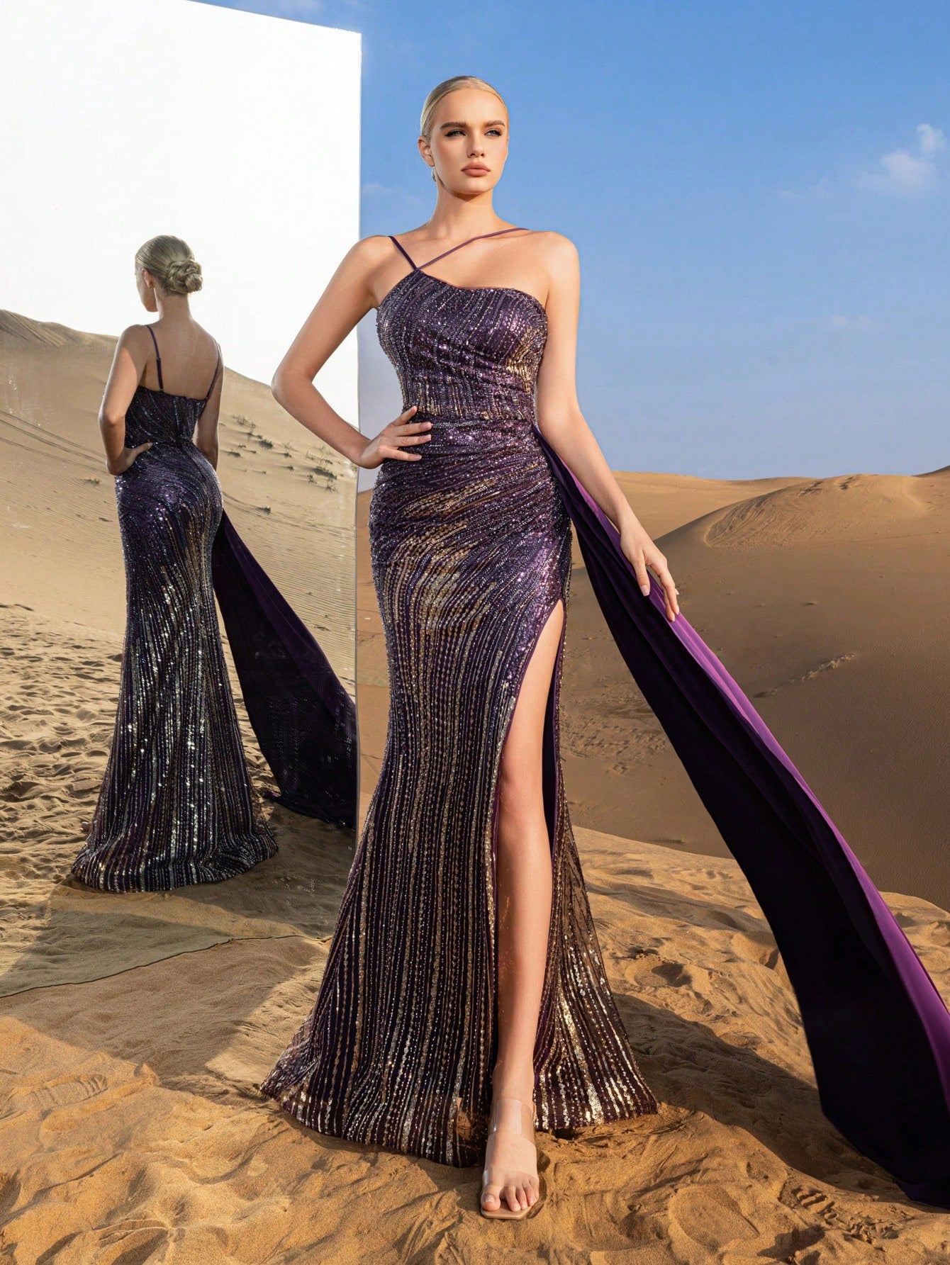 Gorgeous Beaded Sequin Full-Length Gown with High Slit & Sleek Design