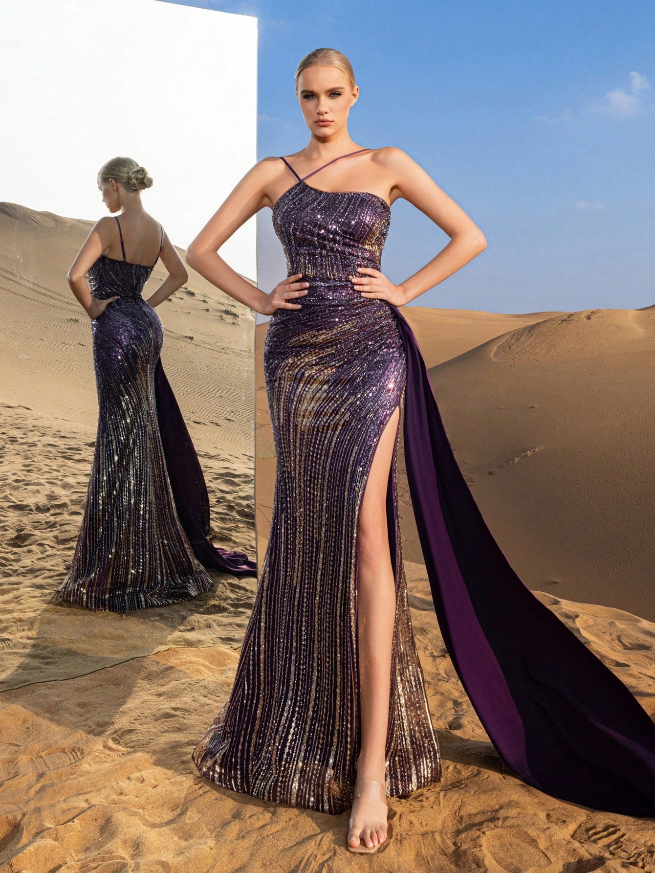 Gorgeous Beaded Sequin Full-Length Gown with High Slit & Sleek Design
