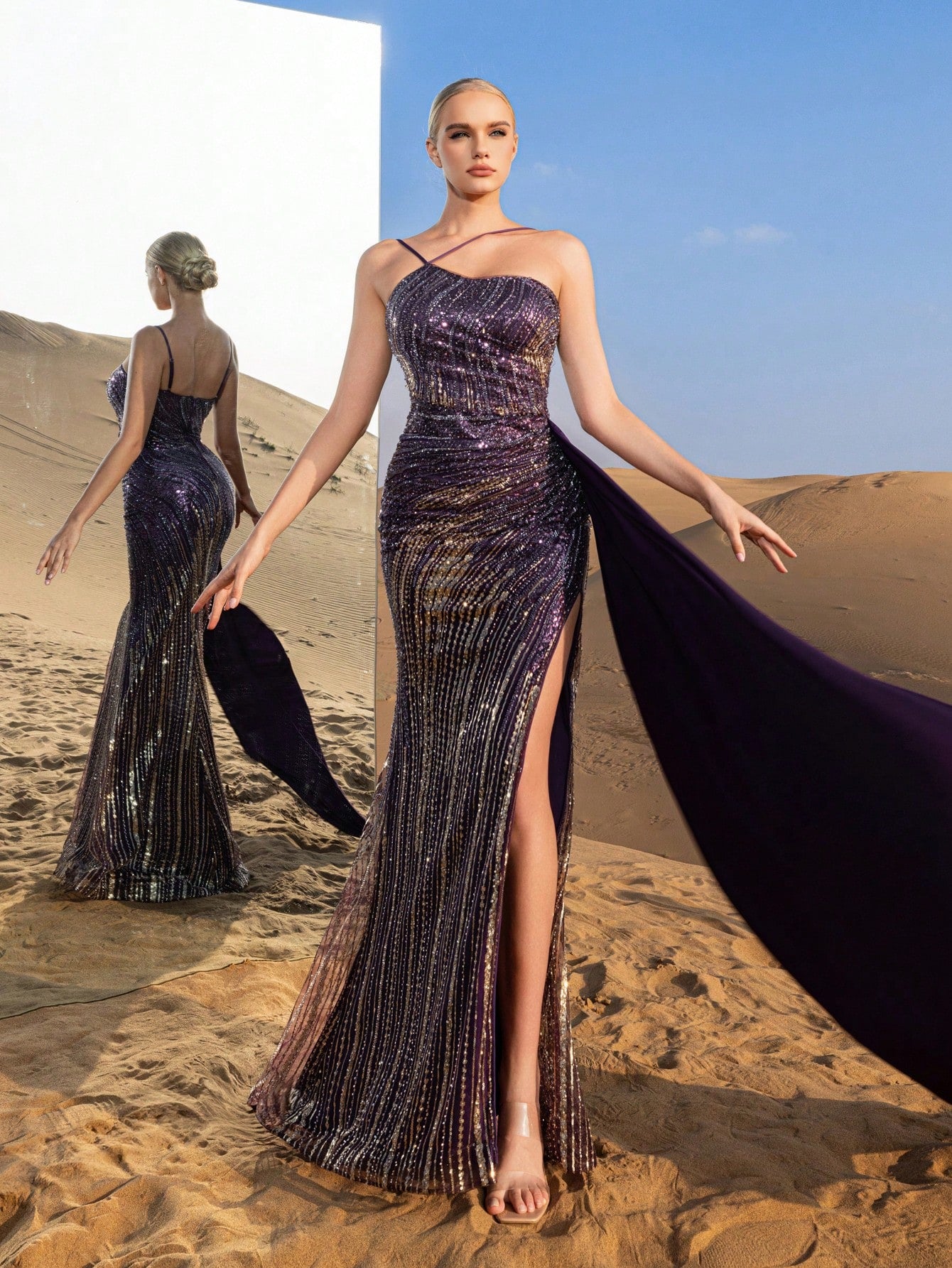 Gorgeous Beaded Sequin Full-Length Gown with High Slit & Sleek Design