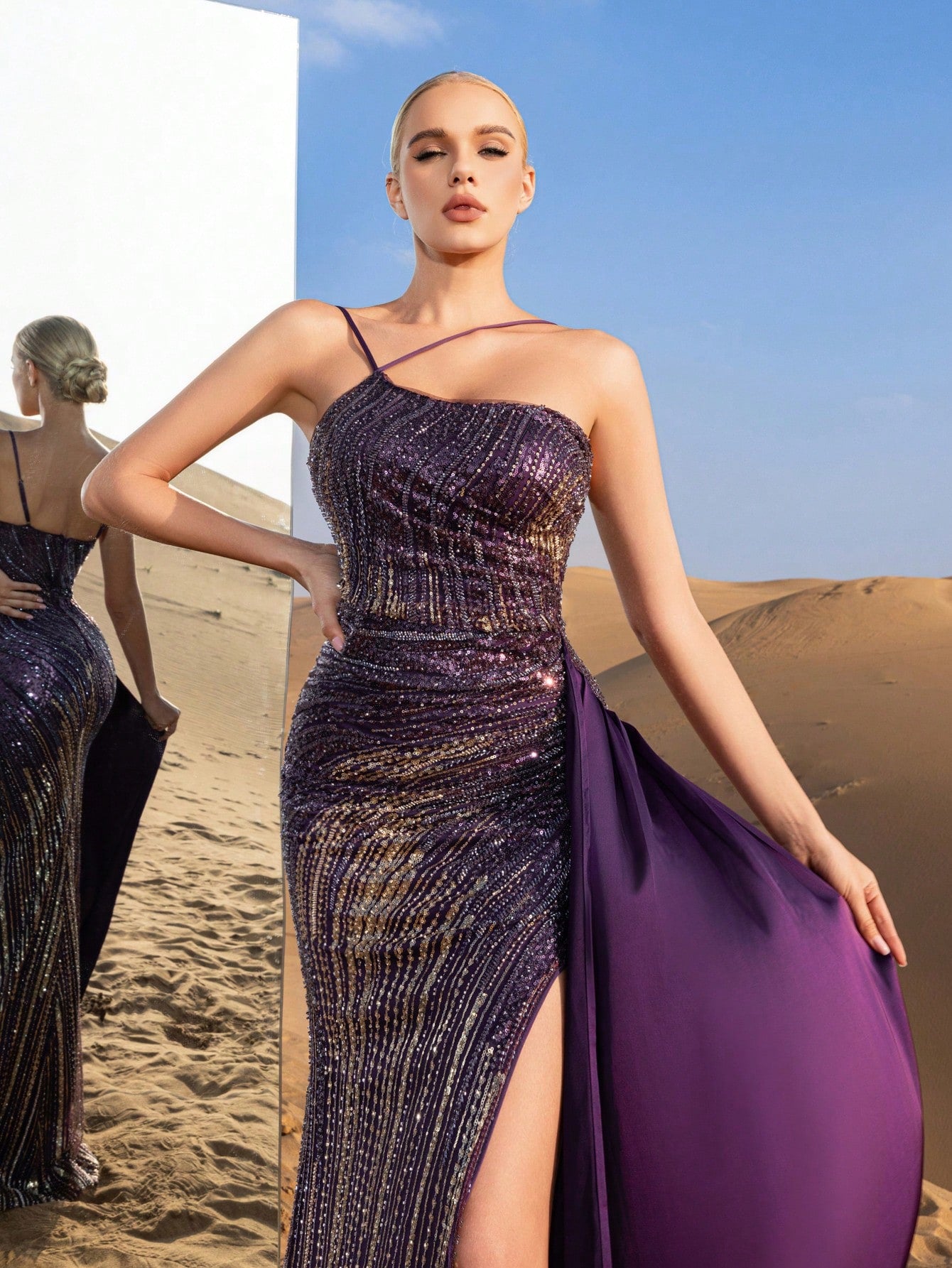 Gorgeous Beaded Sequin Full-Length Gown with High Slit & Sleek Design