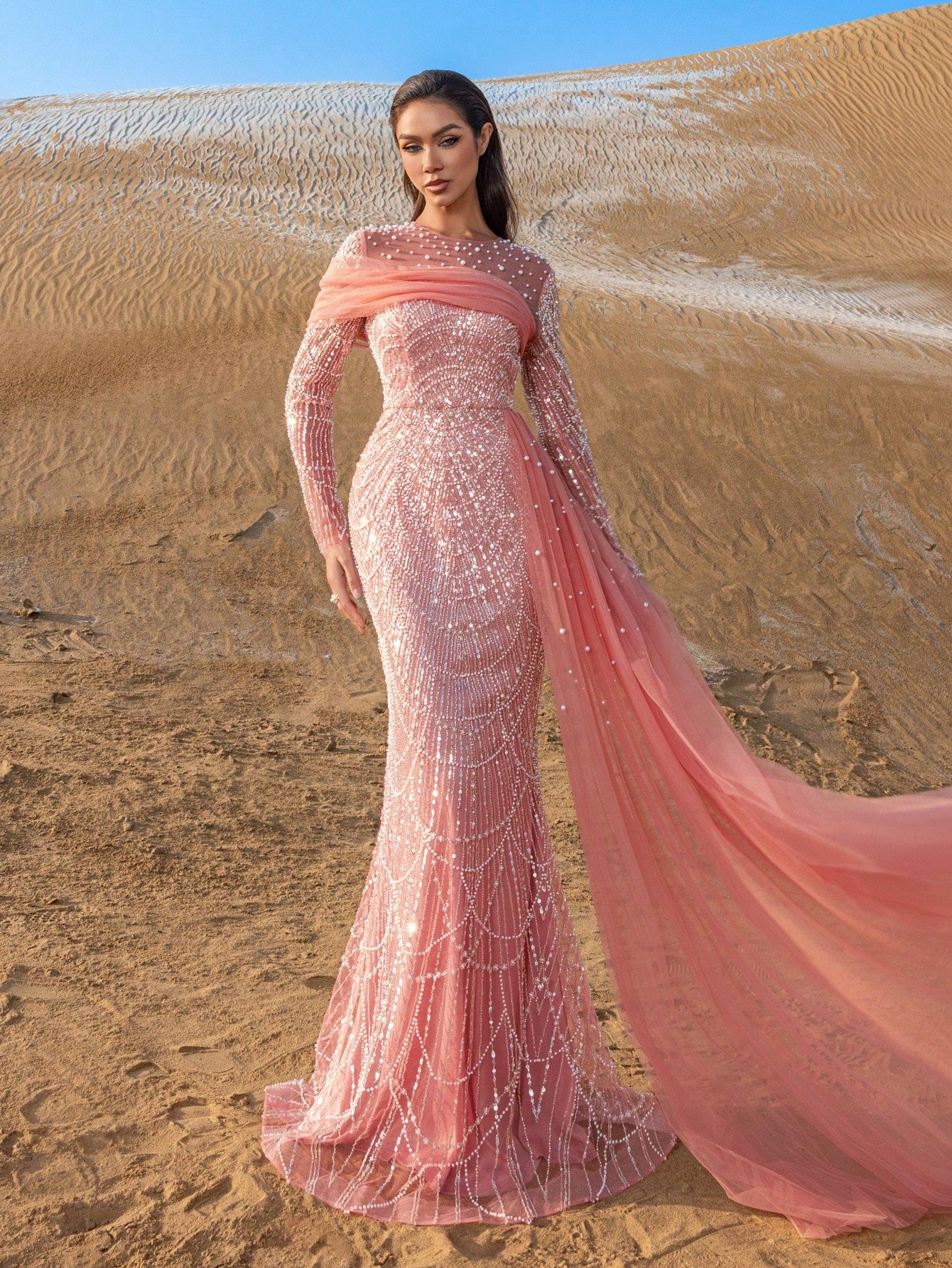 Luxury Tulle Overlay Mermaid Hem Beaded Detail Formal Evening Dress