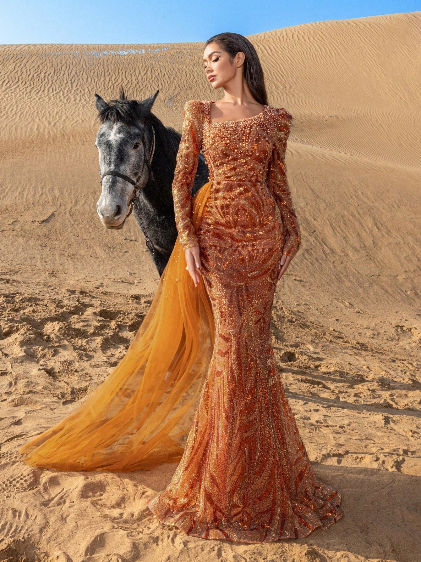 Gorgeous Diagonal Neck Mermaid Hem Draped Side Beaded Formal Dresses & Evening Gowns