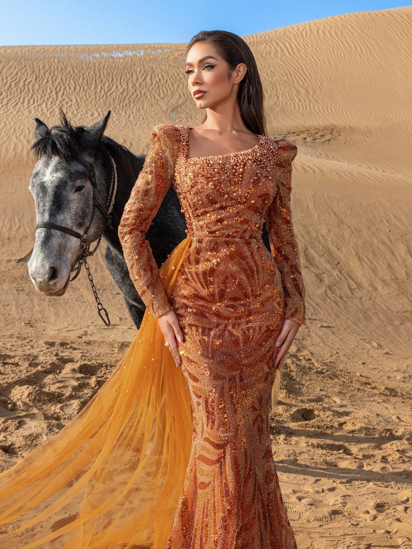 Gorgeous Diagonal Neck Mermaid Hem Draped Side Beaded Formal Dresses & Evening Gowns