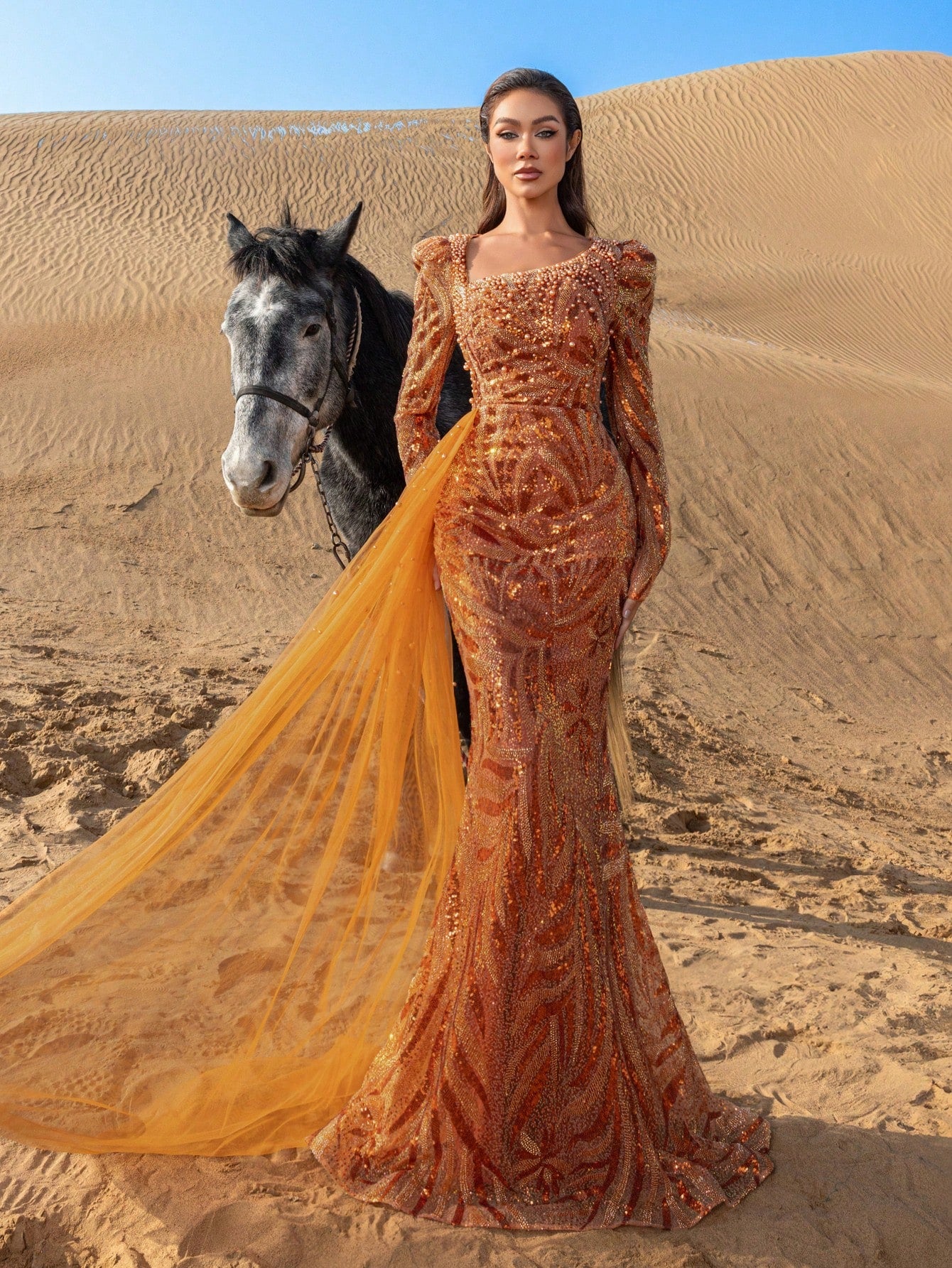 Gorgeous Diagonal Neck Mermaid Hem Draped Side Beaded Formal Dresses & Evening Gowns