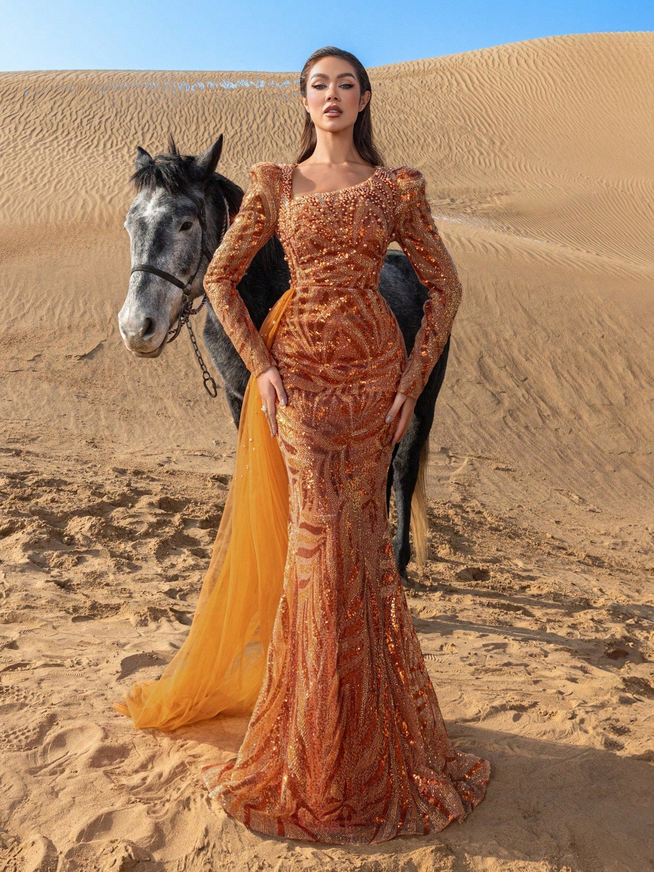 Gorgeous Diagonal Neck Mermaid Hem Draped Side Beaded Formal Dresses & Evening Gowns