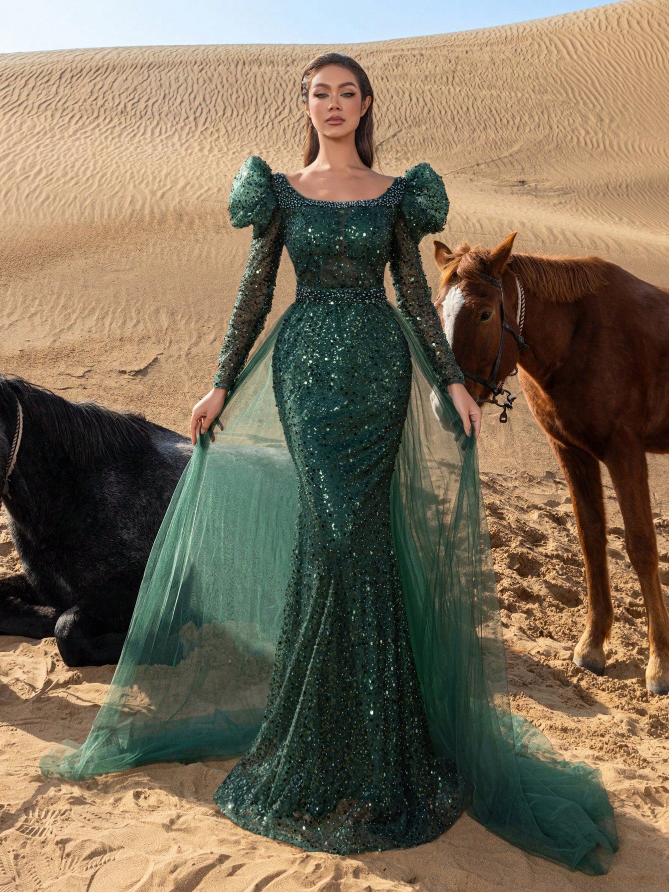 Gorgeous Square Collar Tulle Overlay Mermaid Hem Beaded Formal Dresses & Evening Gowns