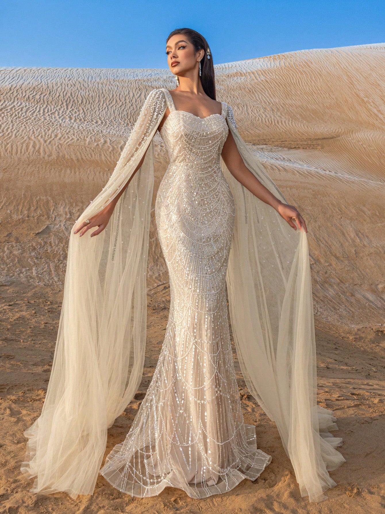 Elegant Gorgeous Beaded Sequin Evening Gown with Pearl Accent Cape Sleeves