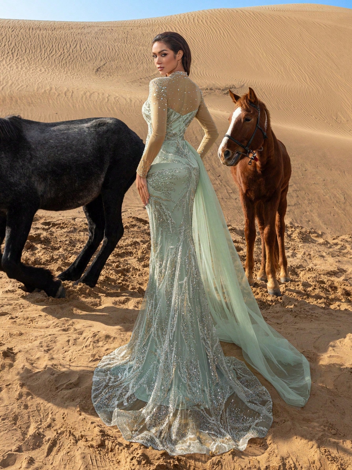 Gorgeous Mock Neck Sheer Sleeves Rhinestone Detail Draped Side Beaded Formal Dresses & Evening Gowns