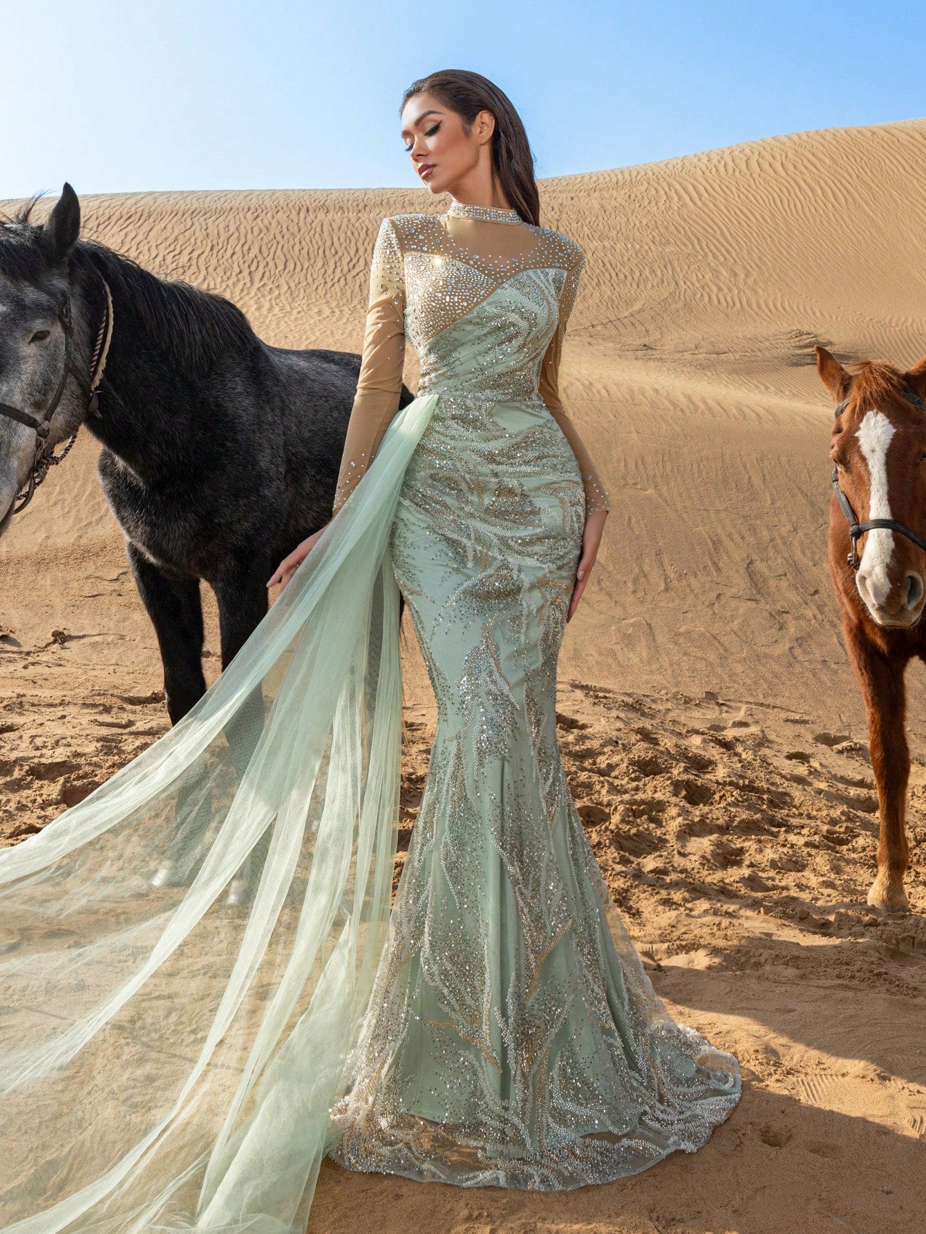 Gorgeous Mock Neck Sheer Sleeves Rhinestone Detail Draped Side Beaded Formal Dresses & Evening Gowns