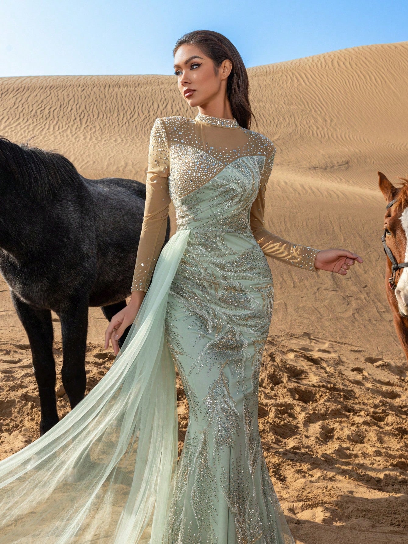 Gorgeous Mock Neck Sheer Sleeves Rhinestone Detail Draped Side Beaded Formal Dresses & Evening Gowns