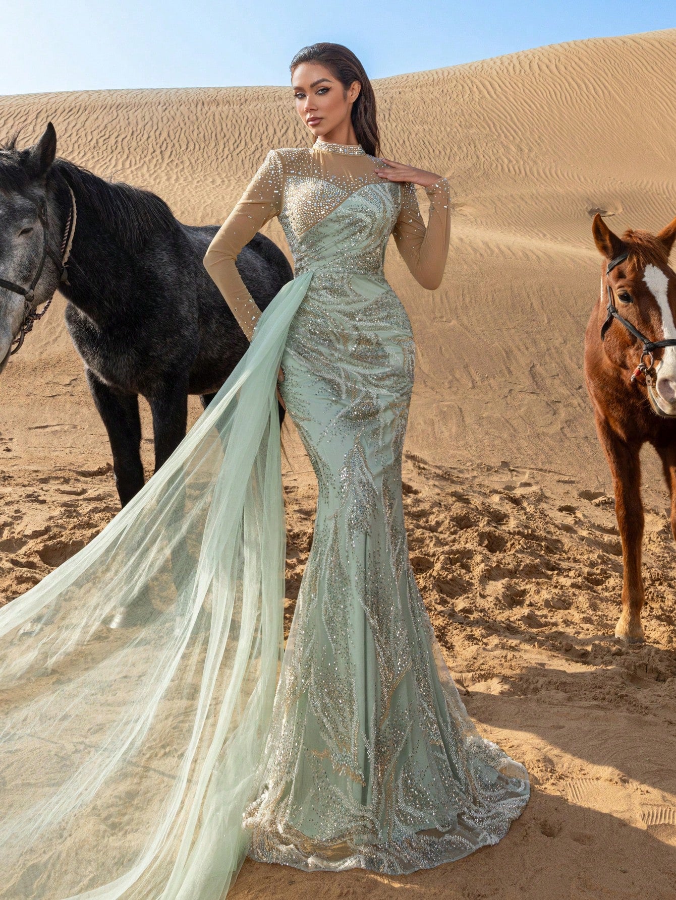 Gorgeous Mock Neck Sheer Sleeves Rhinestone Detail Draped Side Beaded Formal Dresses & Evening Gowns