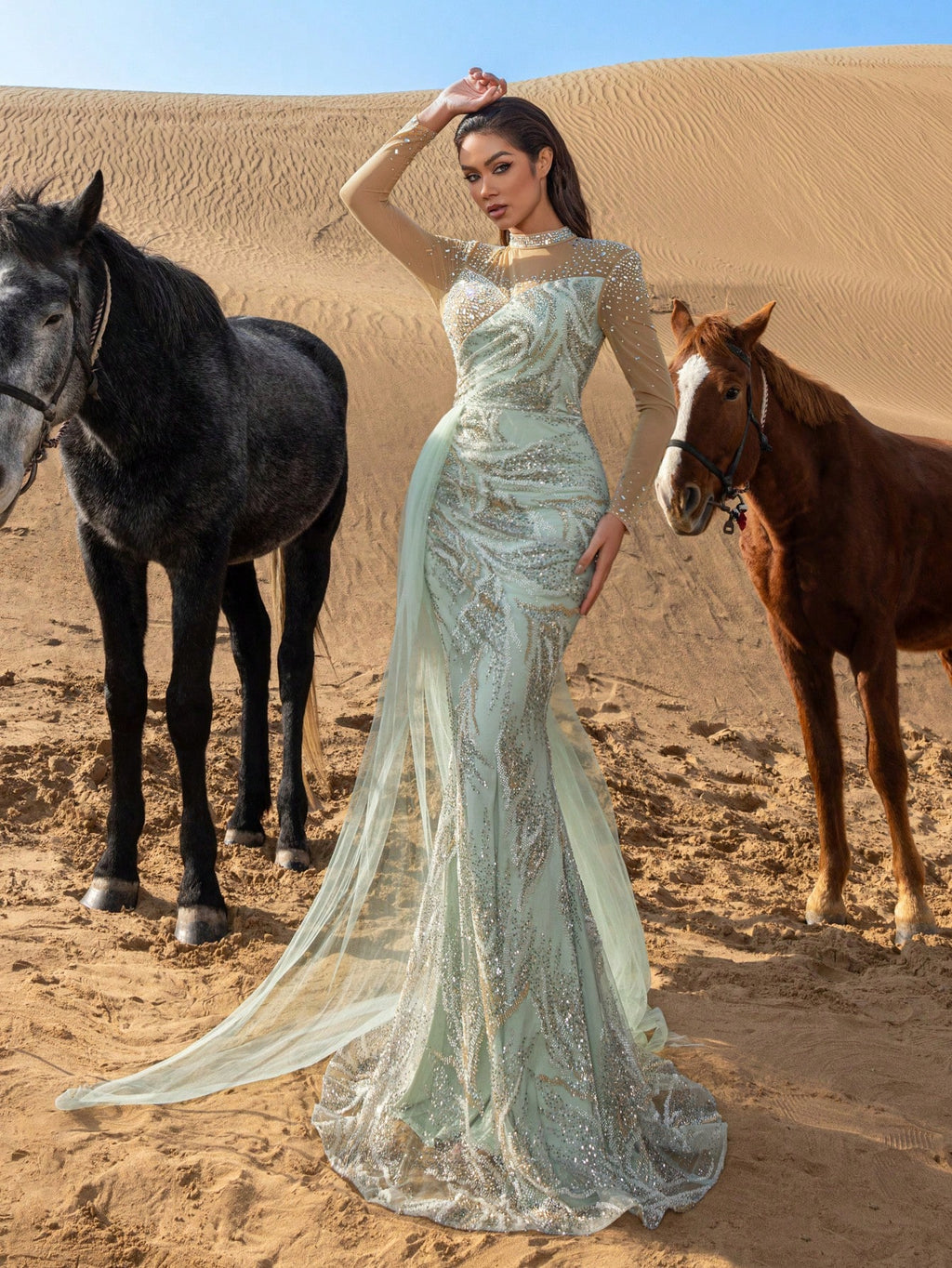 Gorgeous Mock Neck Sheer Sleeves Rhinestone Detail Draped Side Beaded Formal Dresses & Evening Gowns