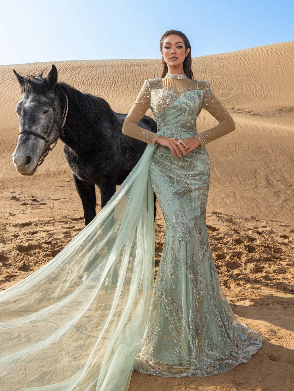 Gorgeous Mock Neck Sheer Sleeves Rhinestone Detail Draped Side Beaded Formal Dresses & Evening Gowns