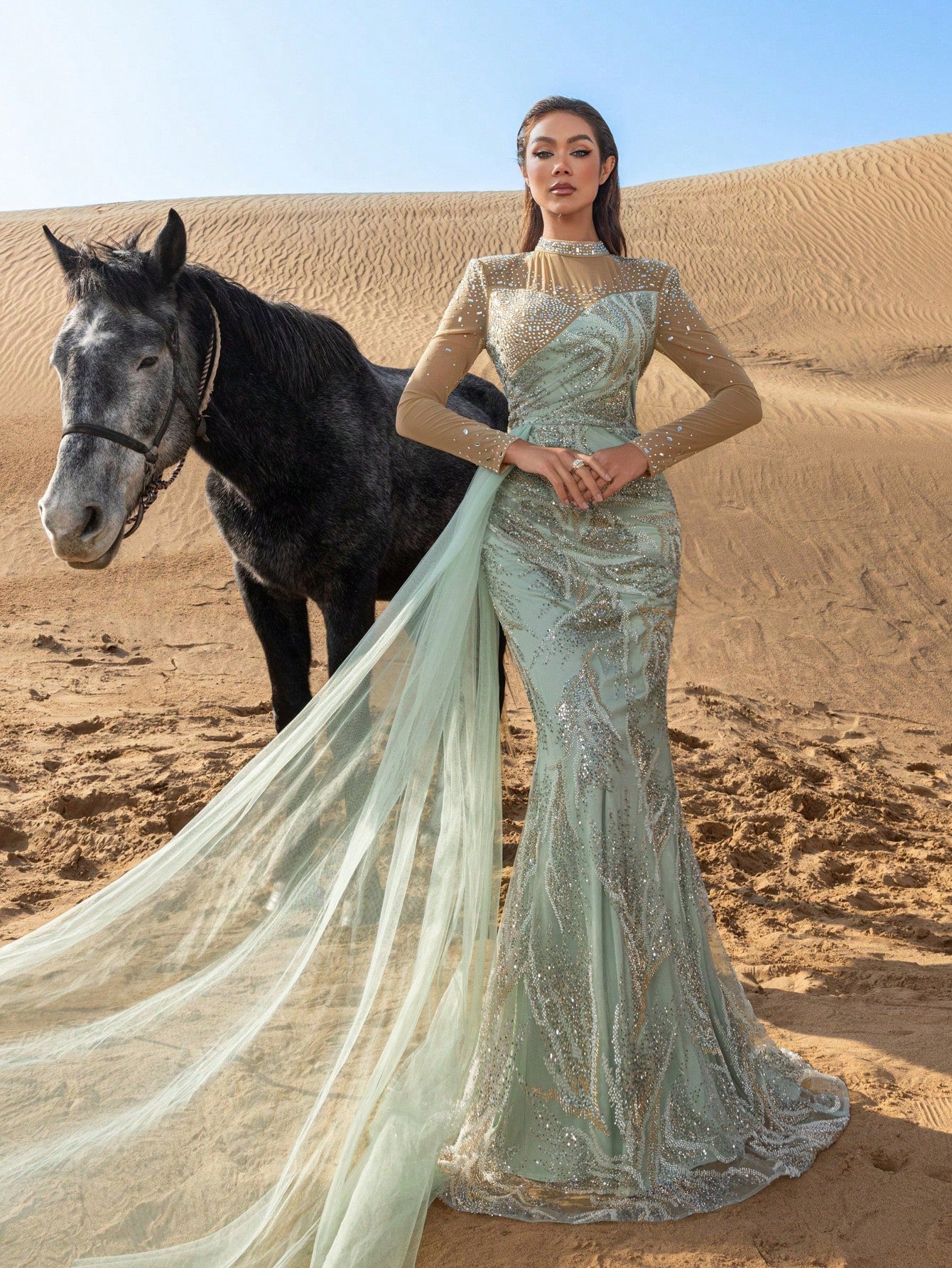 Gorgeous Mock Neck Sheer Sleeves Rhinestone Detail Draped Side Beaded Formal Dresses & Evening Gowns