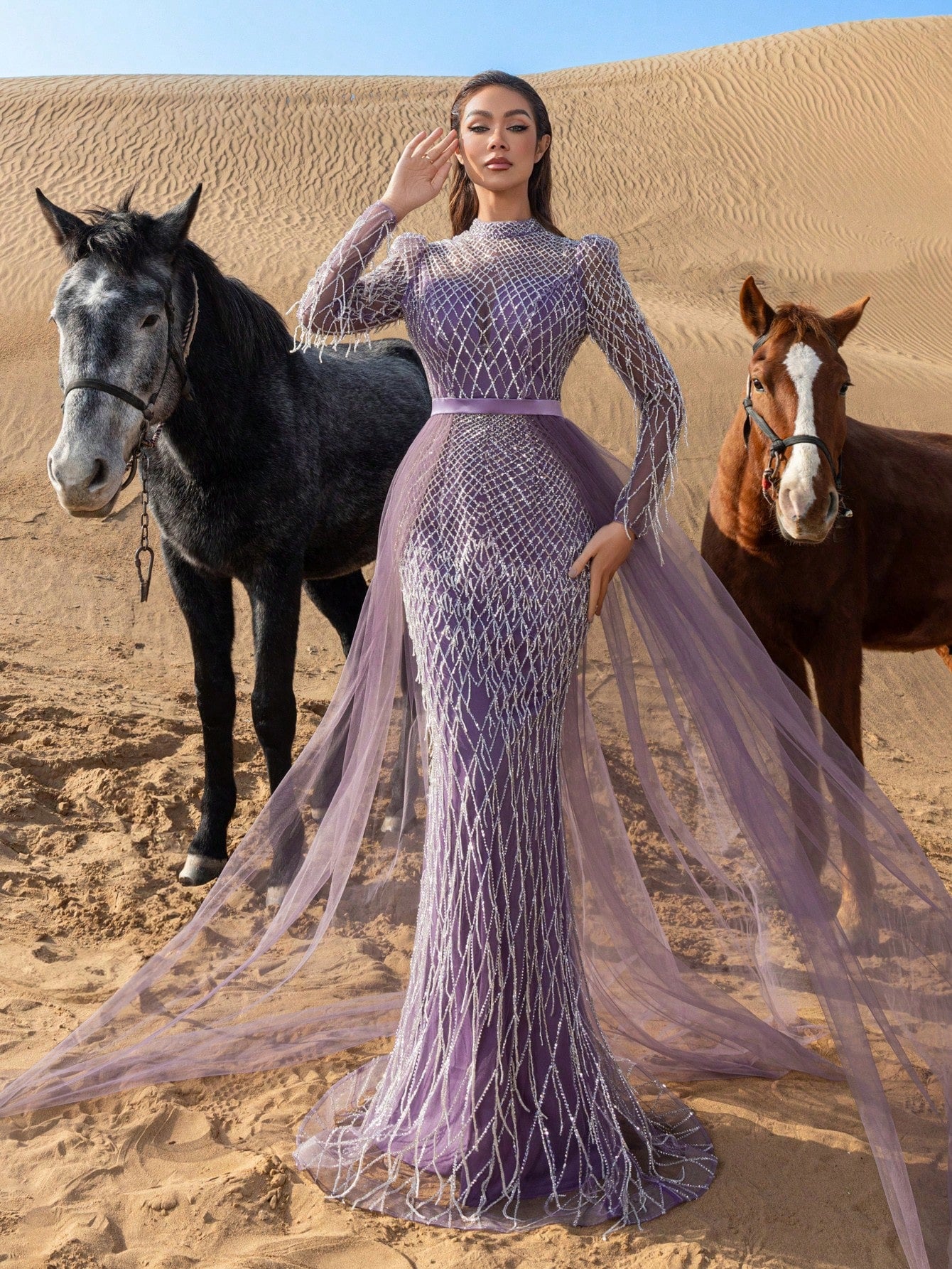 Gorgeous Fringed Detail Mock Neck Mesh Overlay Beaded Formal Dresses & Evening Gowns
