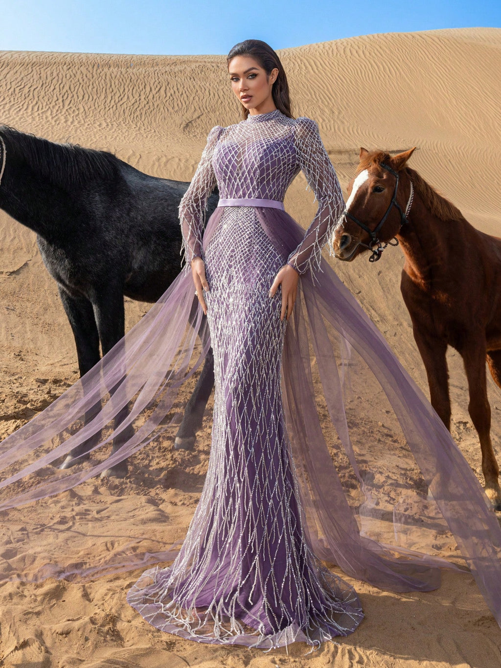 Gorgeous Fringed Detail Mock Neck Mesh Overlay Beaded Formal Dresses & Evening Gowns