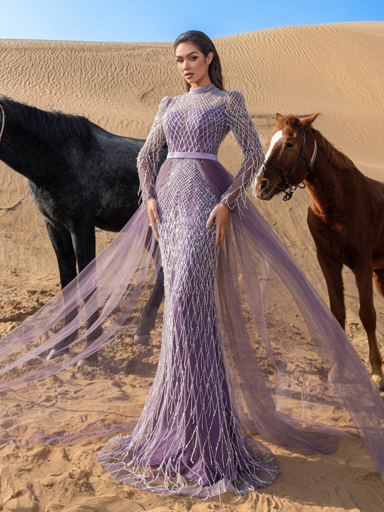 Gorgeous Fringed Detail Mock Neck Mesh Overlay Beaded Formal Dresses & Evening Gowns