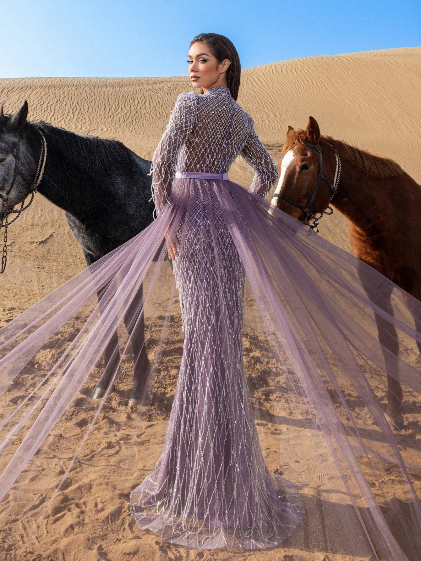 Gorgeous Fringed Detail Mock Neck Mesh Overlay Beaded Formal Dresses & Evening Gowns
