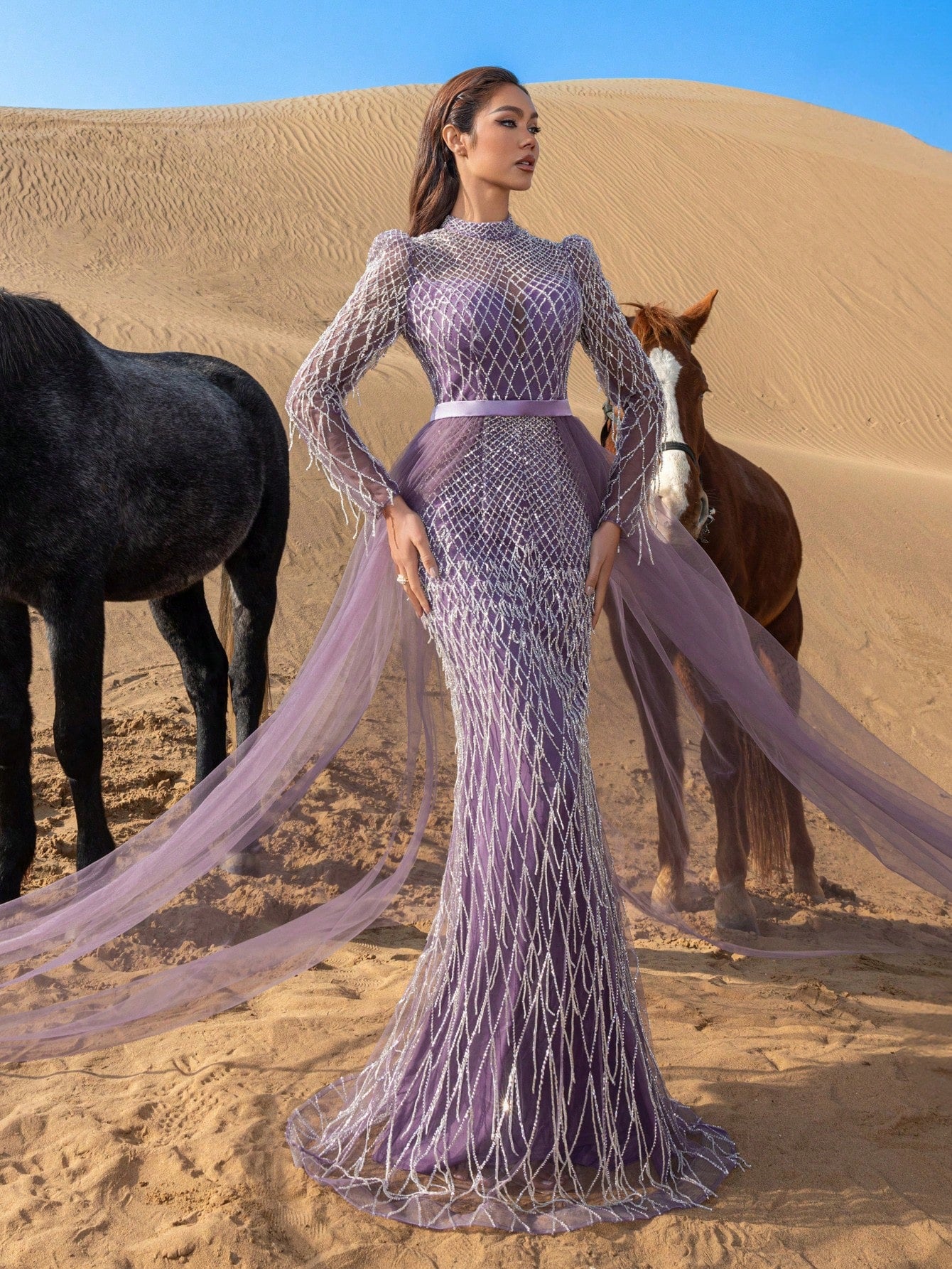 Gorgeous Fringed Detail Mock Neck Mesh Overlay Beaded Formal Dresses & Evening Gowns