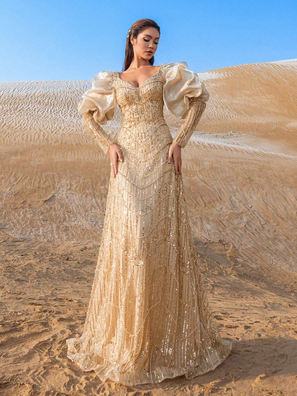 Luxury Sweethear Neck Puff Sleeves Beaded Formal Dresses & Evening Gowns