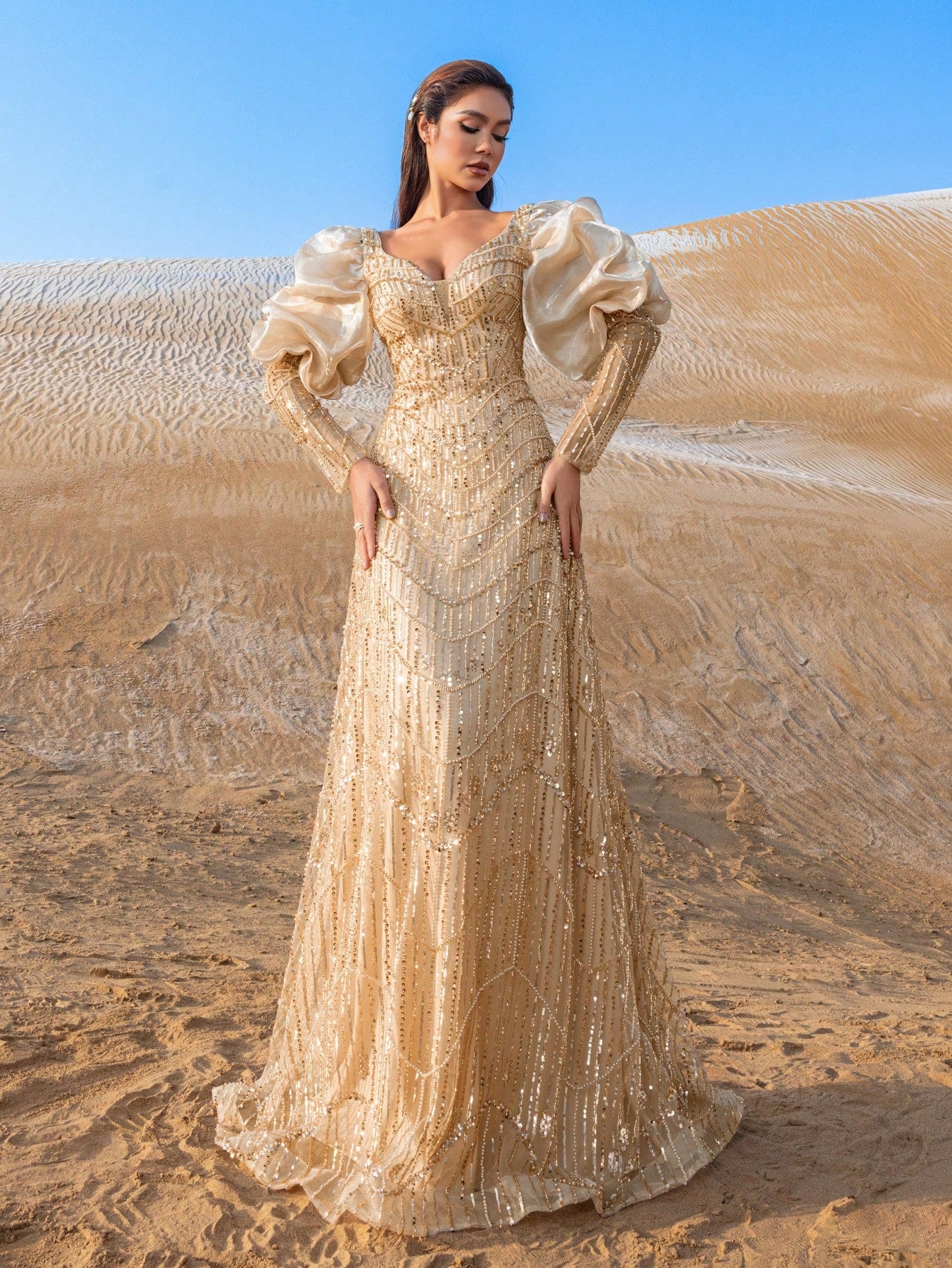 Luxury Sweethear Neck Puff Sleeves Beaded Formal Dresses & Evening Gowns