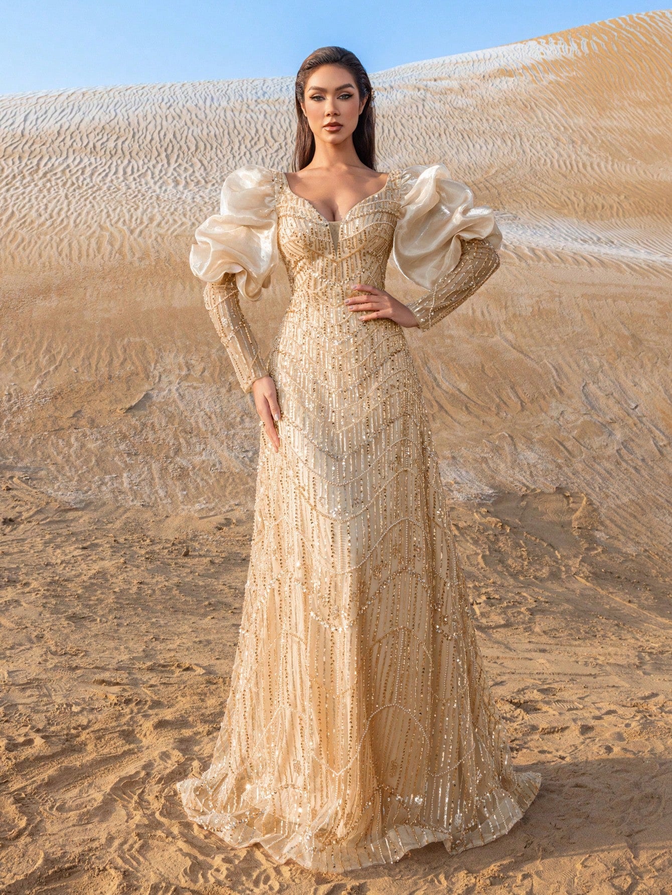 Luxury Sweethear Neck Puff Sleeves Beaded Formal Dresses & Evening Gowns