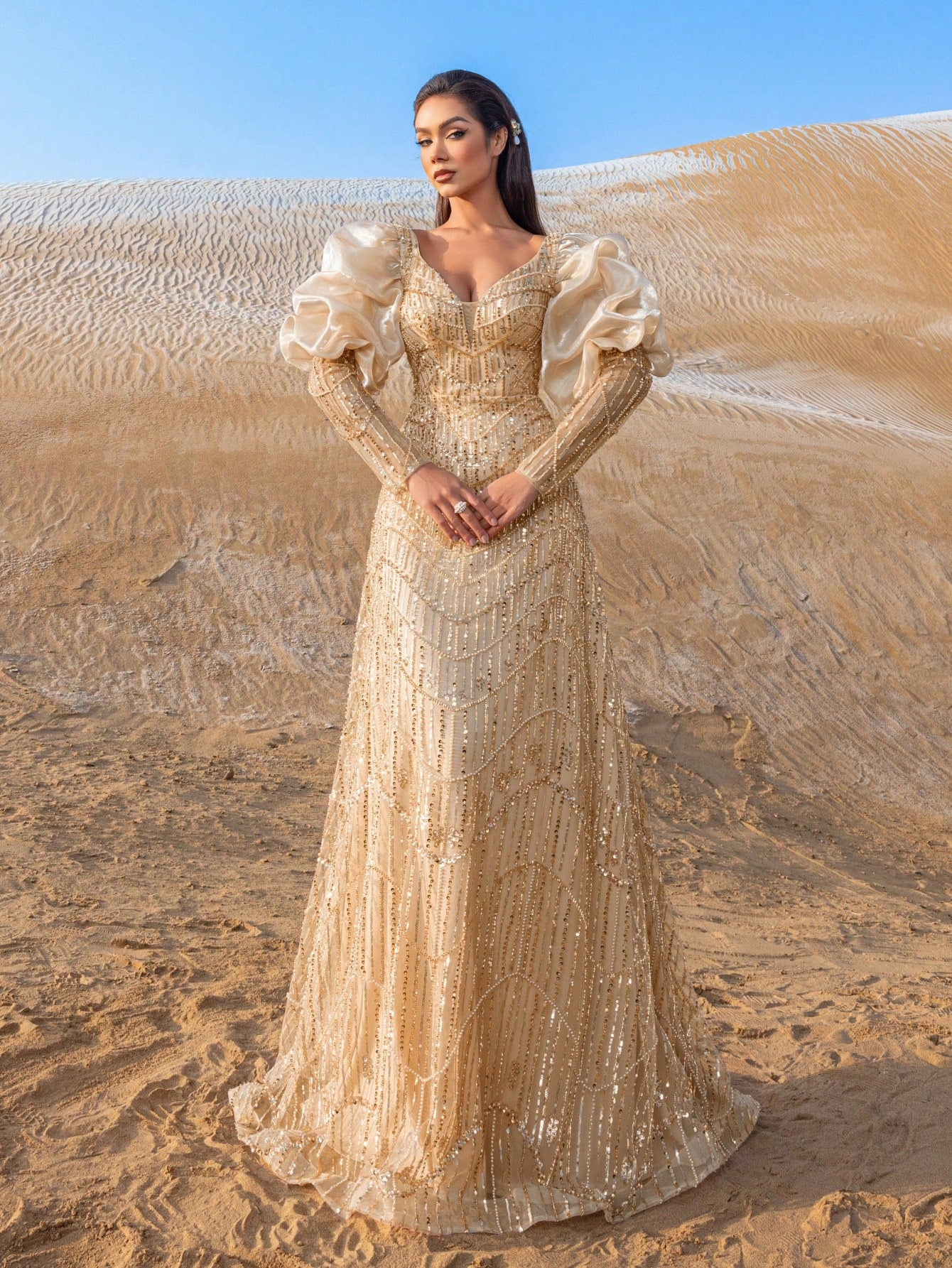 Luxury Sweethear Neck Puff Sleeves Beaded Formal Dresses & Evening Gowns