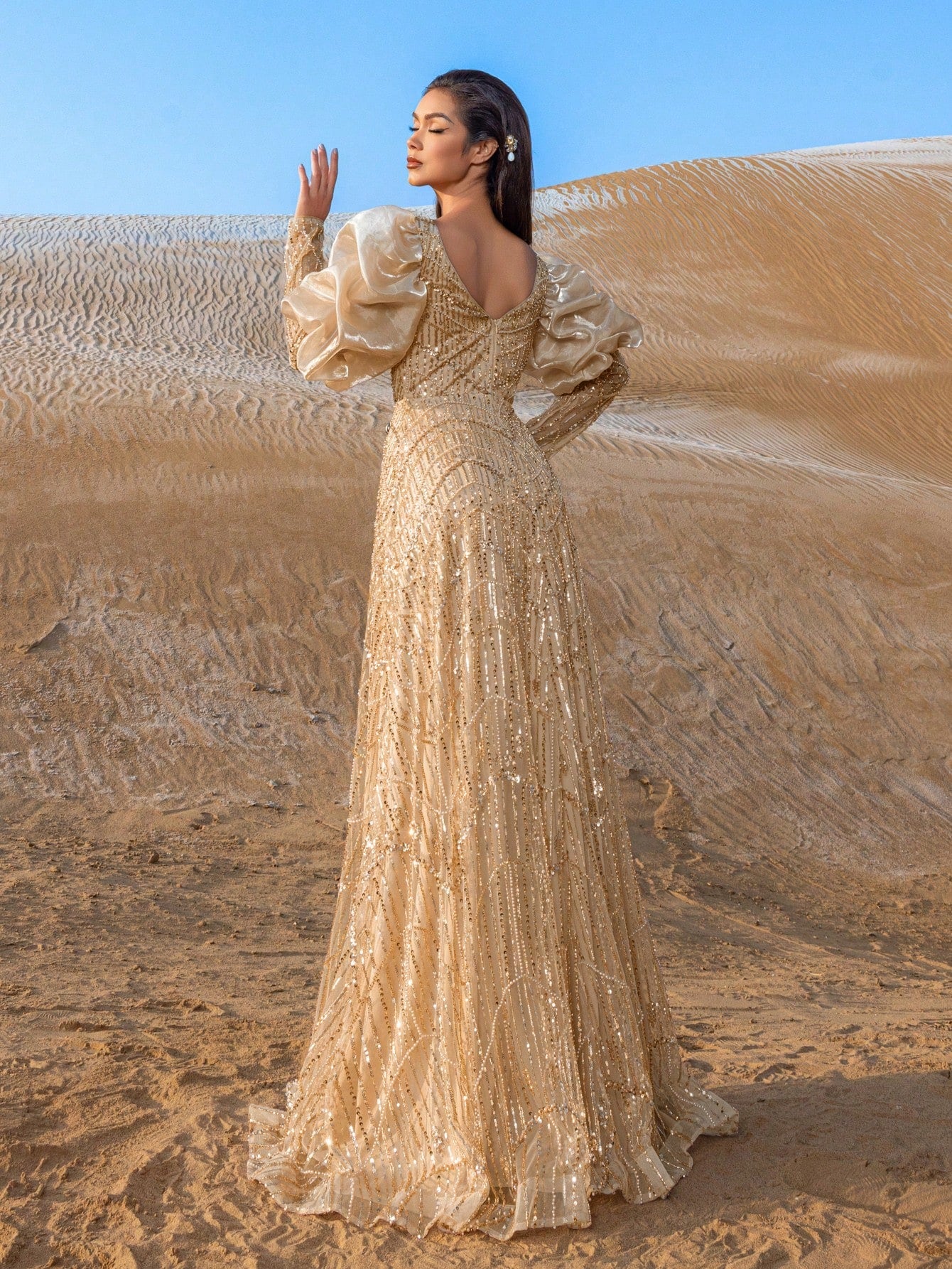 Luxury Sweethear Neck Puff Sleeves Beaded Formal Dresses & Evening Gowns
