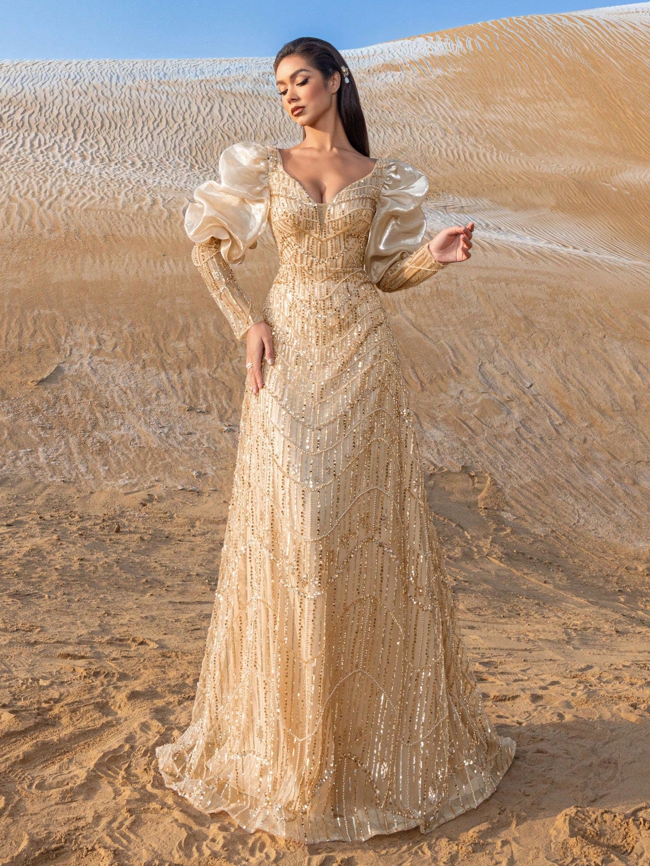 Luxury Sweethear Neck Puff Sleeves Beaded Formal Dresses & Evening Gowns