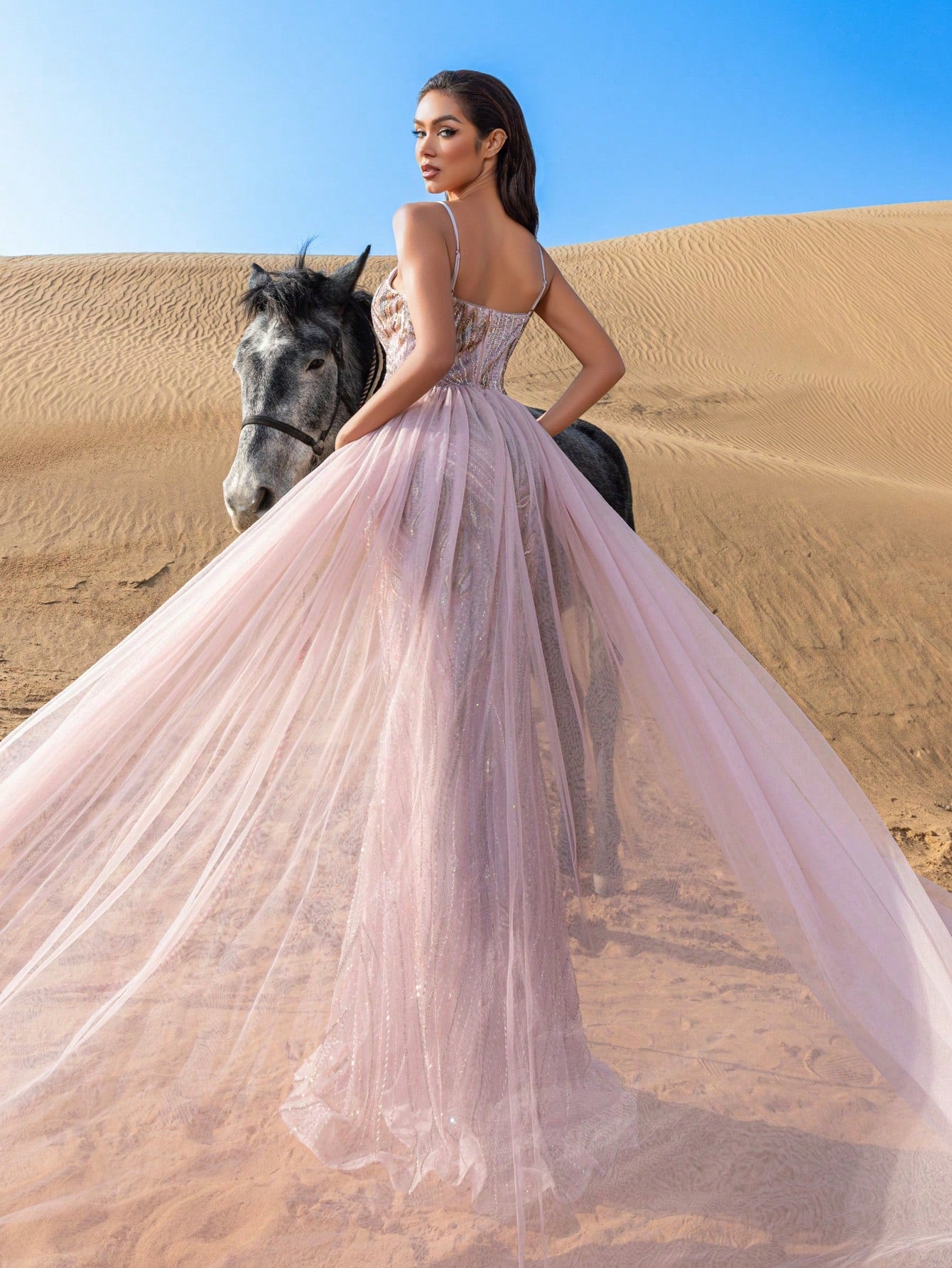 Gorgeous Plunging Neck Lace-up Back Mesh Overlay Beaded Formal Cami Dresses & Evening Gowns