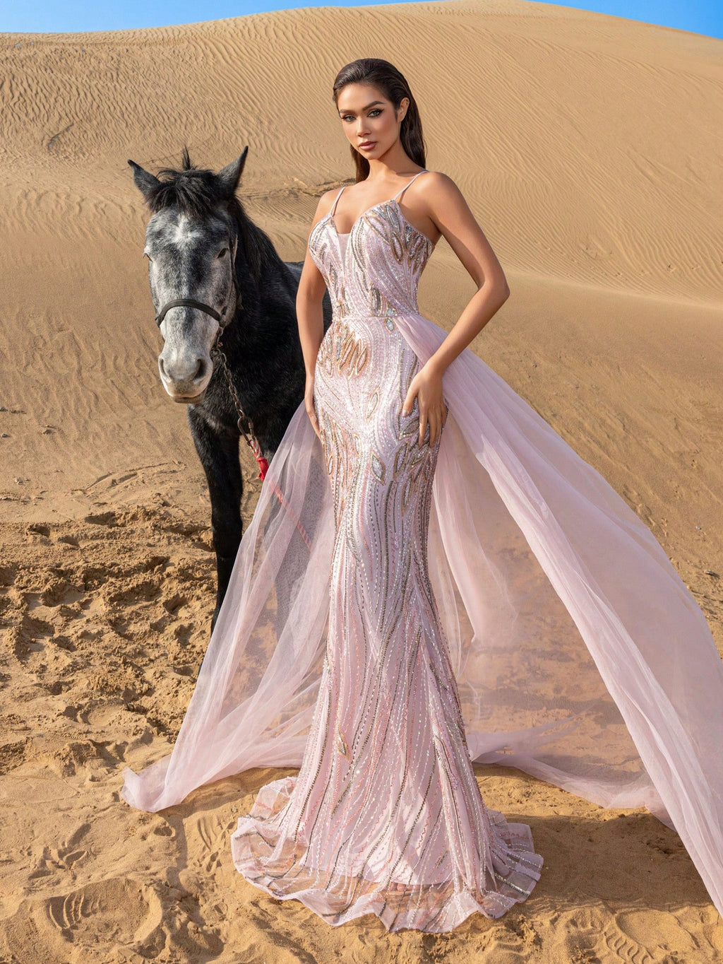 Gorgeous Plunging Neck Lace-up Back Mesh Overlay Beaded Formal Cami Dresses & Evening Gowns