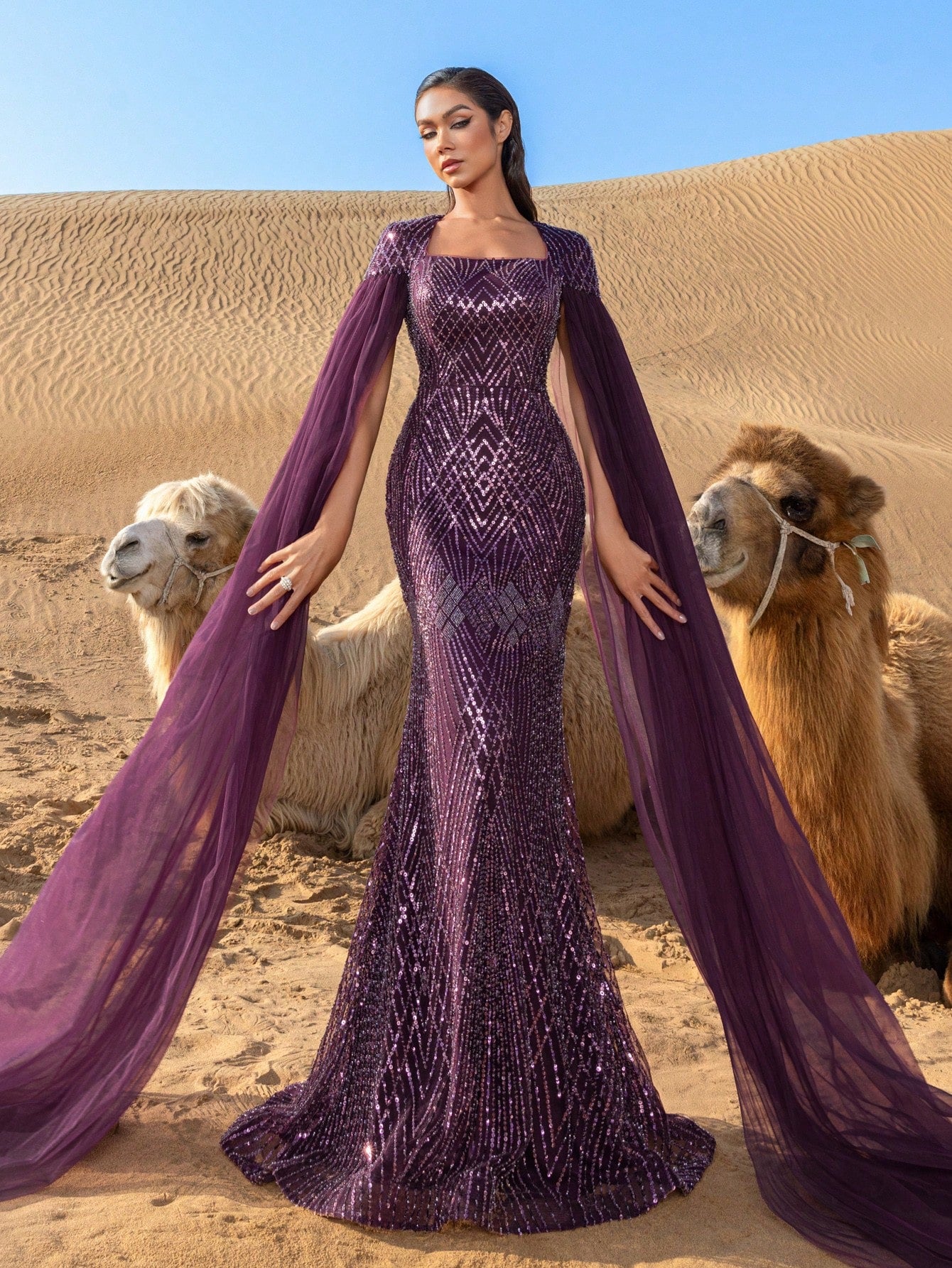 Luxury Square Collar Extra-Long Sleeves Graphic Beaded Formal Party Dress