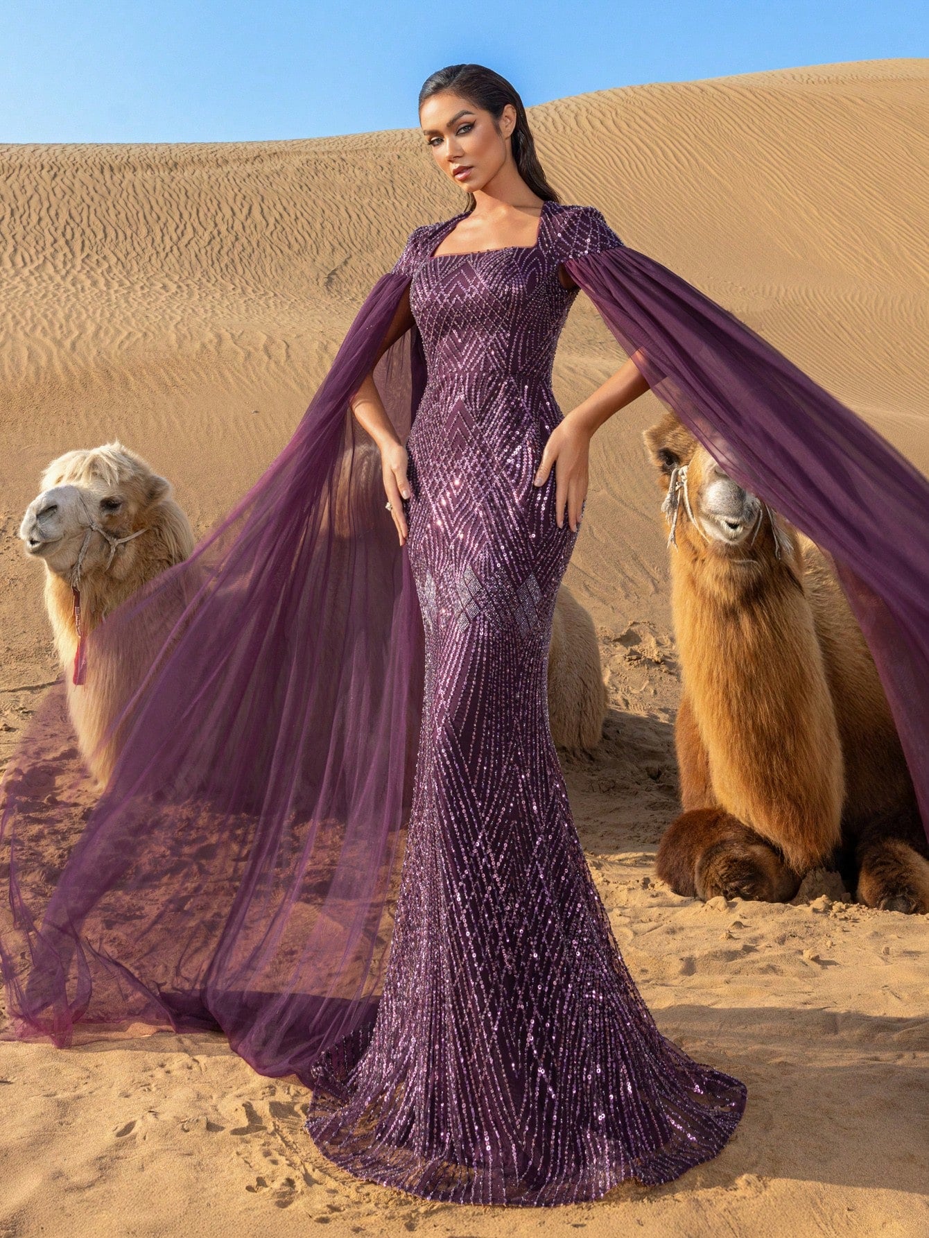 Luxury Square Collar Extra-Long Sleeves Graphic Beaded Formal Party Dress