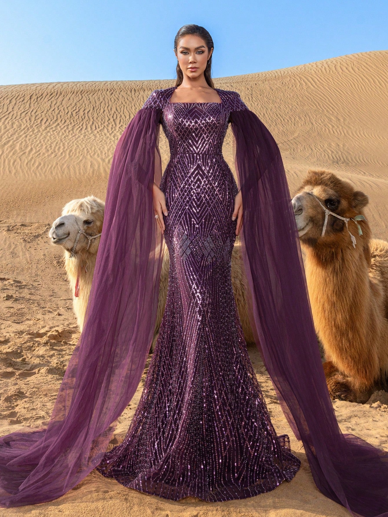 Luxury Square Collar Extra-Long Sleeves Graphic Beaded Formal Party Dress