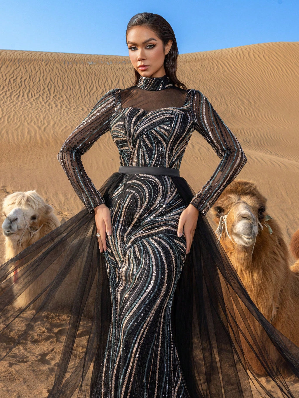 Luxury Mock Neck Sheer Sleeves Tulle Train Graphic Beaded Formal Dresses & Evening Gowns