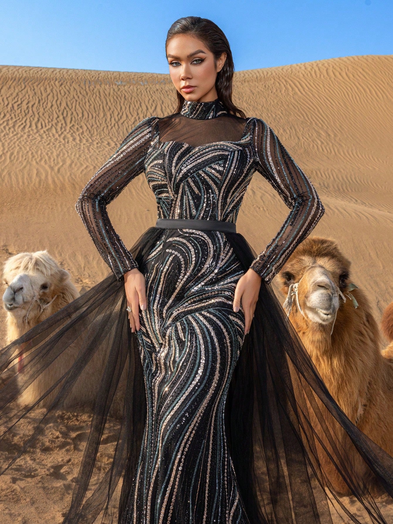 Luxury Mock Neck Sheer Sleeves Tulle Train Graphic Beaded Formal Dresses & Evening Gowns