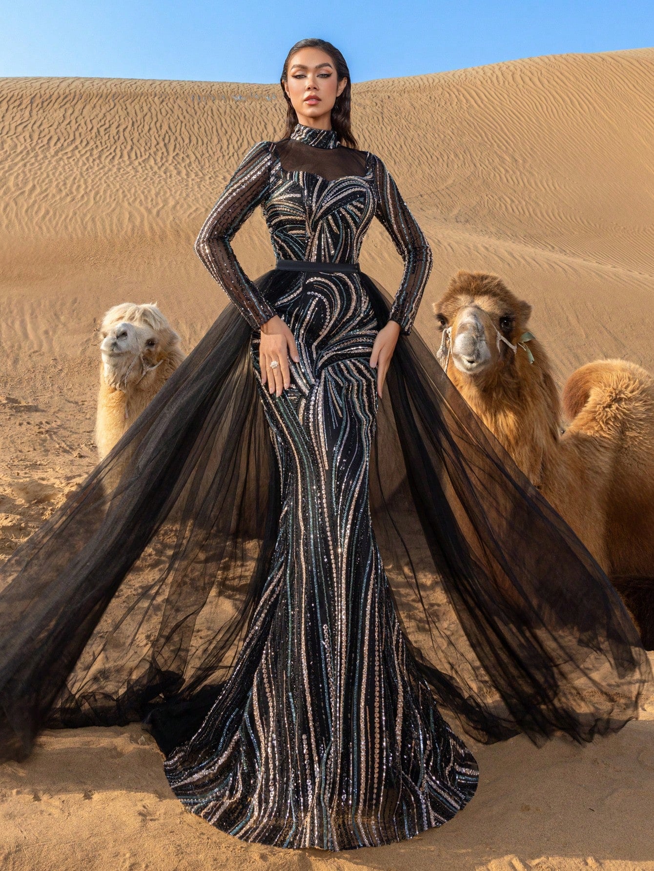 Luxury Mock Neck Sheer Sleeves Tulle Train Graphic Beaded Formal Dresses & Evening Gowns