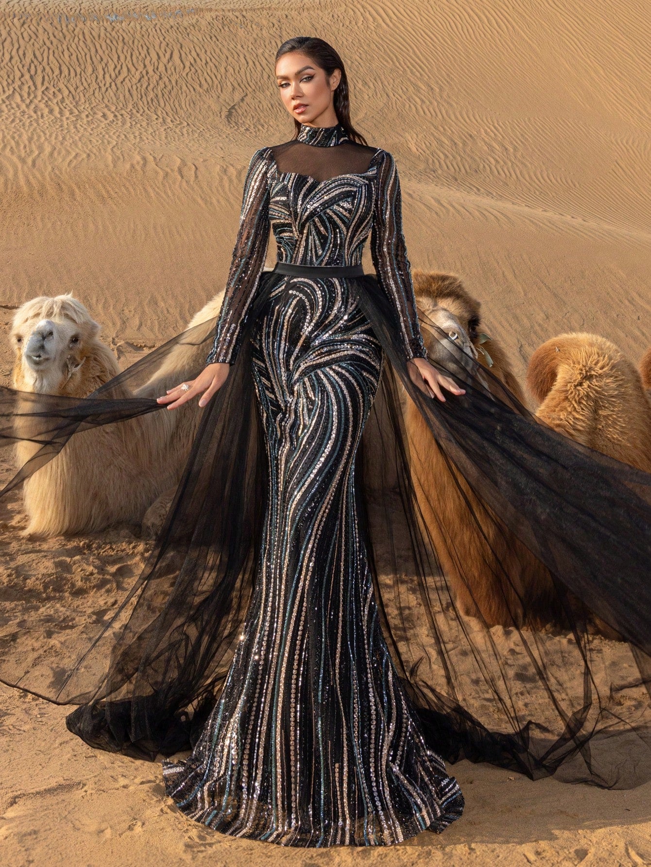 Luxury Mock Neck Sheer Sleeves Tulle Train Graphic Beaded Formal Dresses & Evening Gowns