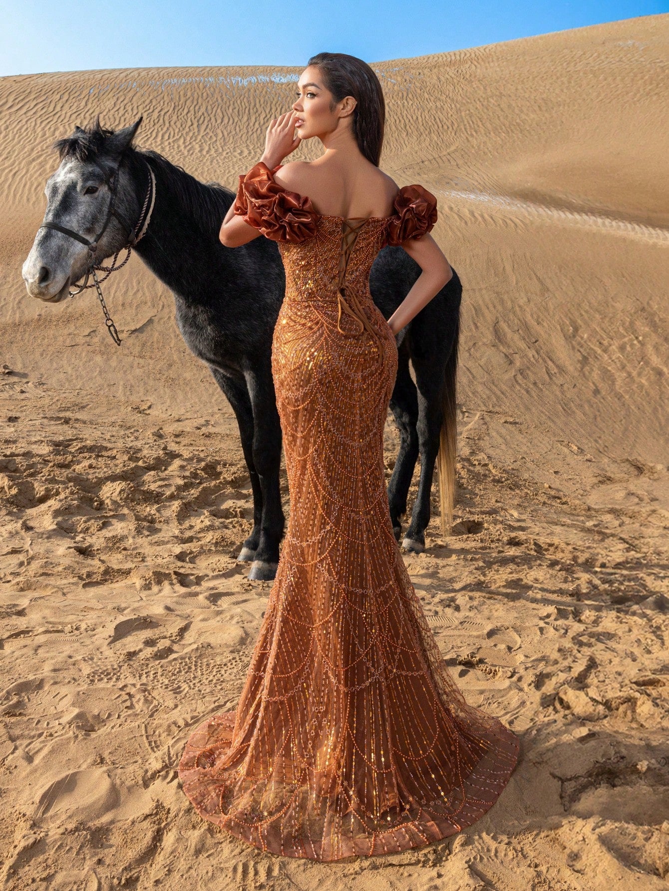 Luxury Beaded Mermaid Evening Gown with Puff Sleeves