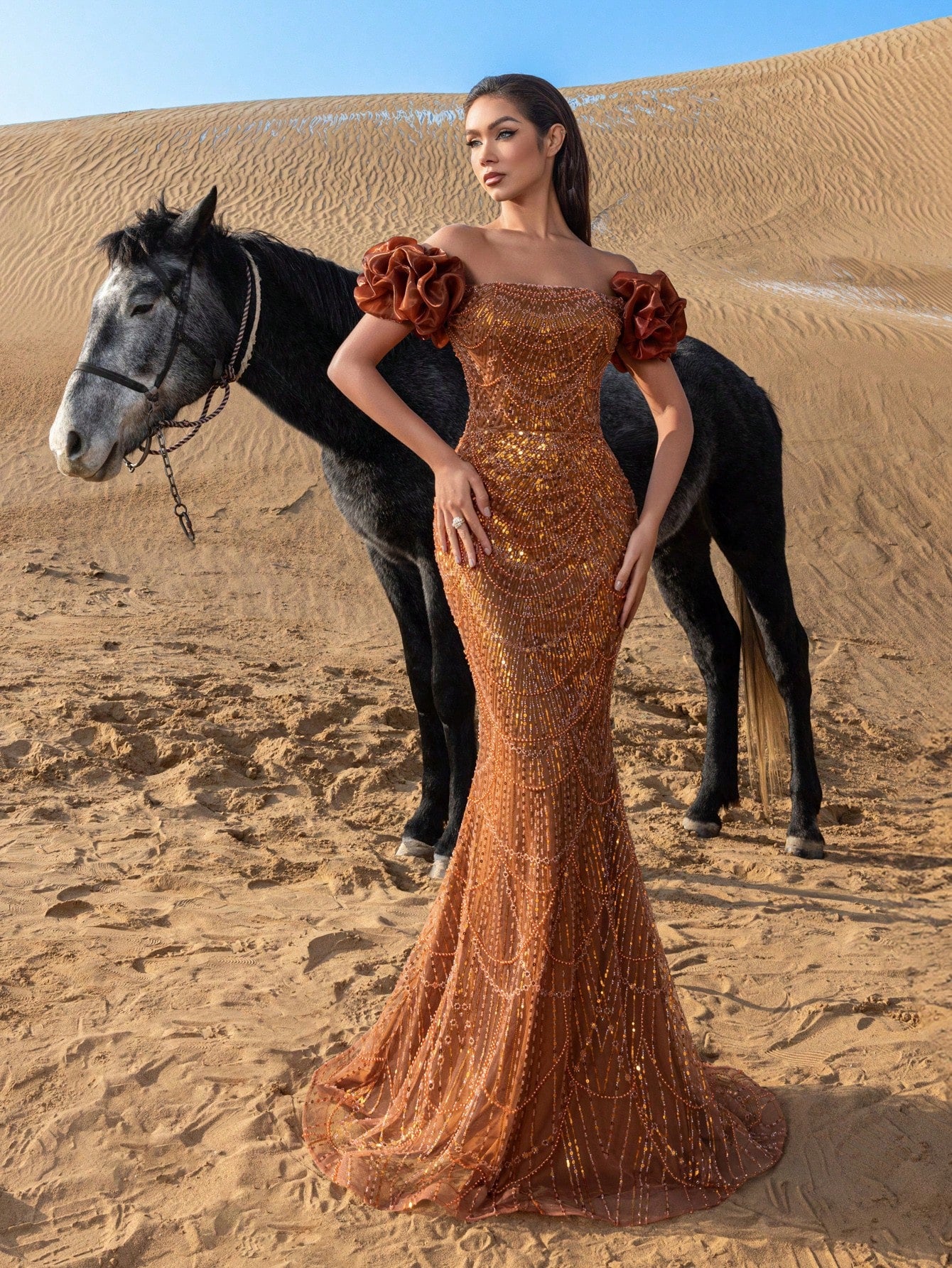 Luxury Beaded Mermaid Evening Gown with Puff Sleeves