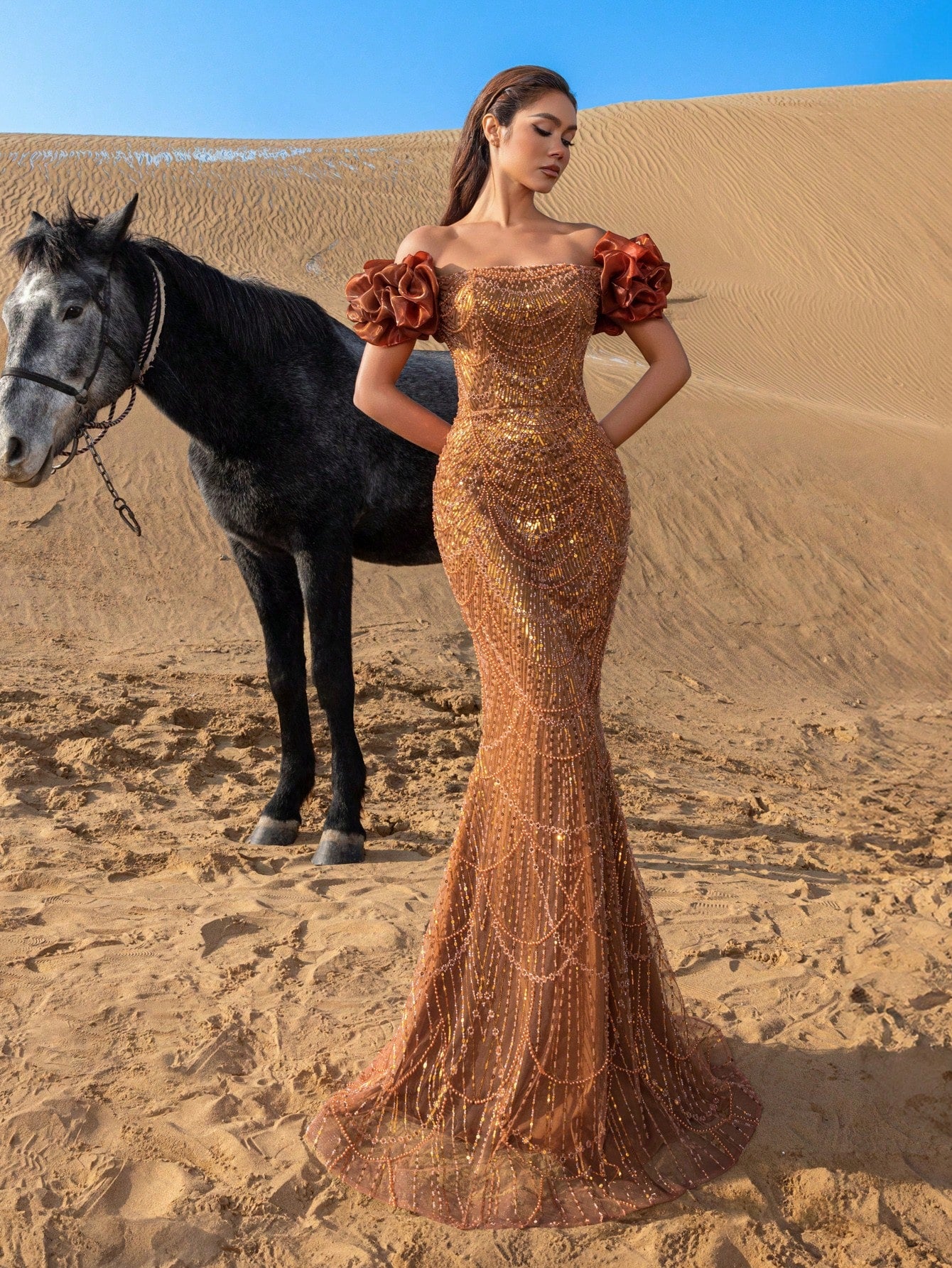 Luxury Beaded Mermaid Evening Gown with Puff Sleeves