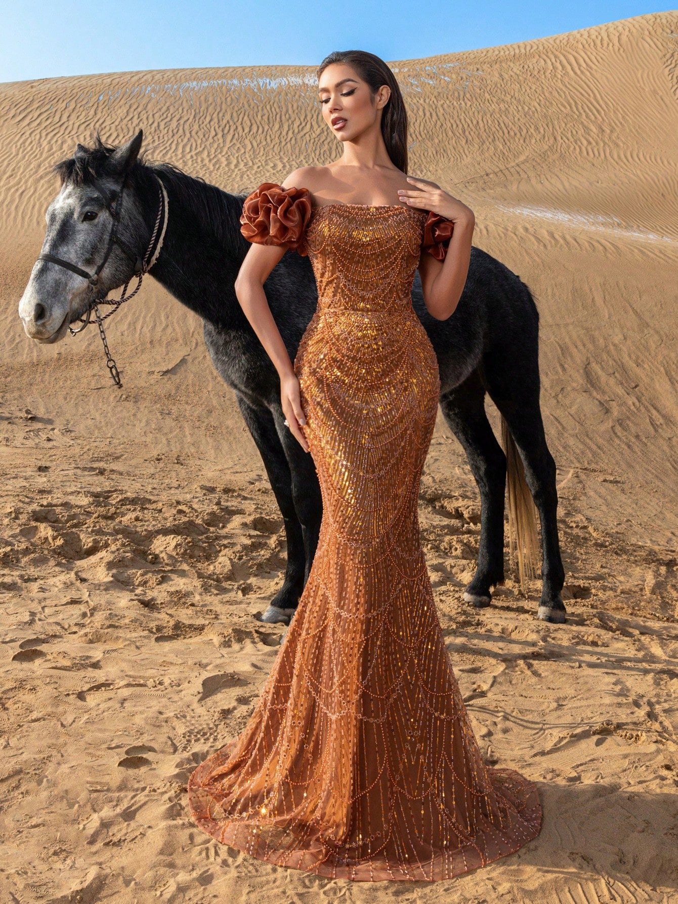 Luxury Beaded Mermaid Evening Gown with Puff Sleeves