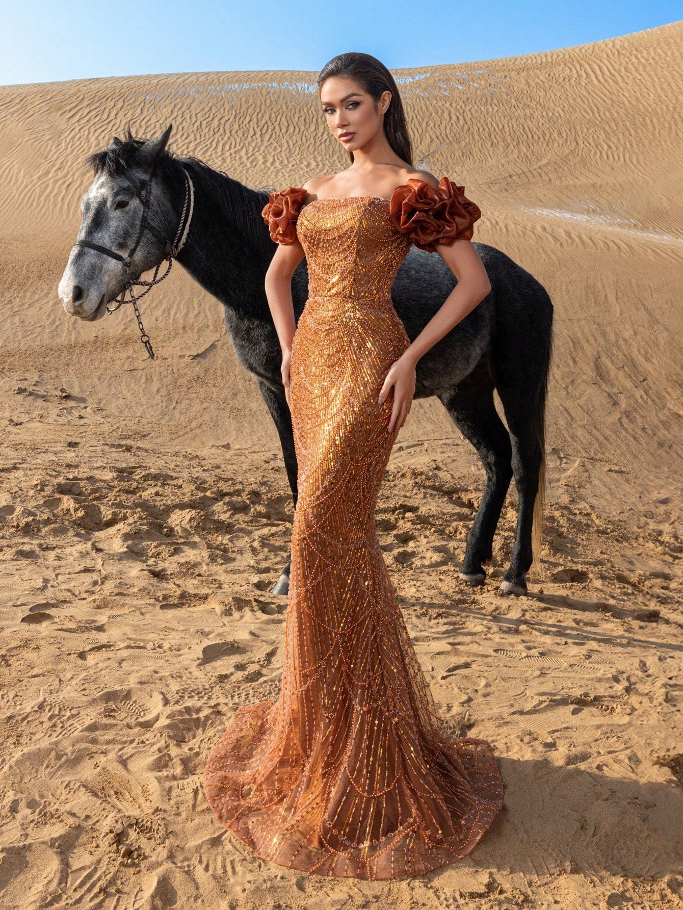 Luxury Beaded Mermaid Evening Gown with Puff Sleeves