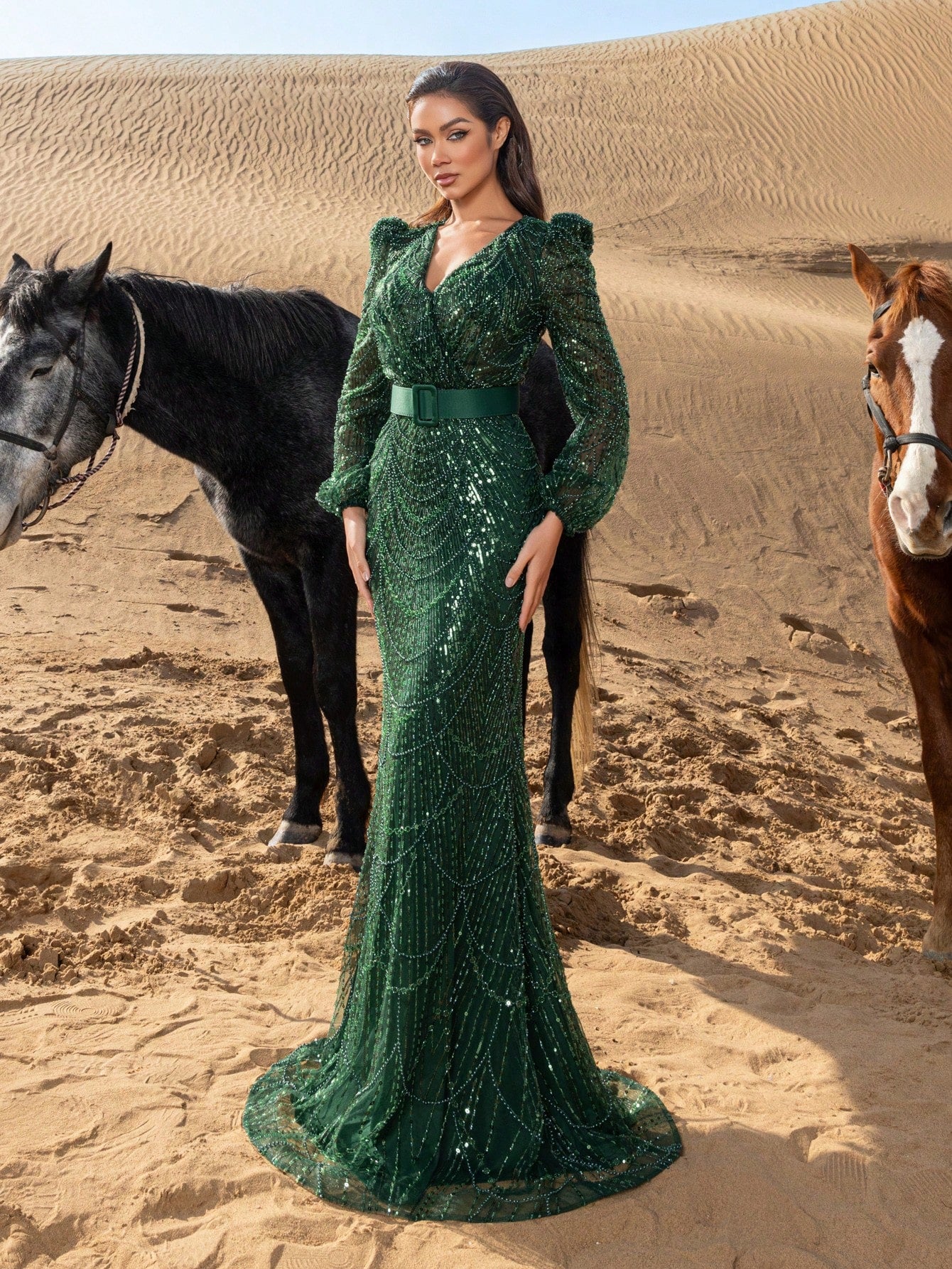 Stunning V-Neckline Balloon Sleeve Mermaid Evening Gown with Sequin-Embellished Fish-Tail Hemline & Cinched Waist Belt