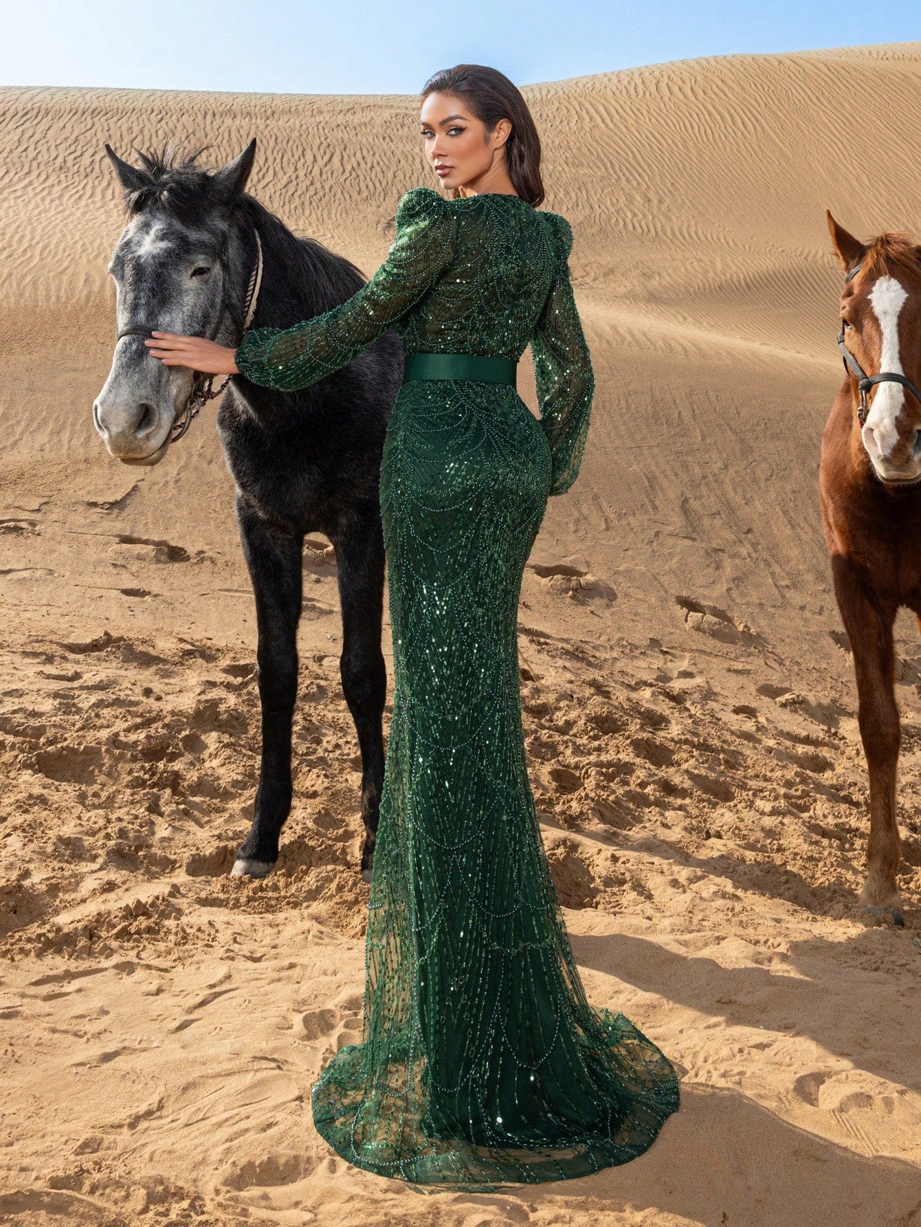 Stunning V-Neckline Balloon Sleeve Mermaid Evening Gown with Sequin-Embellished Fish-Tail Hemline & Cinched Waist Belt