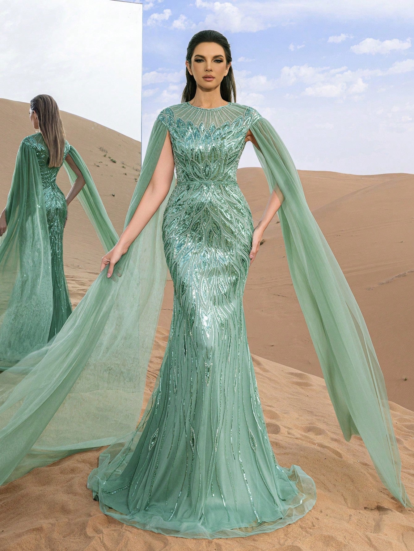 Exquisite Round-Neck Cape-Sleeve Evening Gown with Sculpted Fish-Tail Hemline