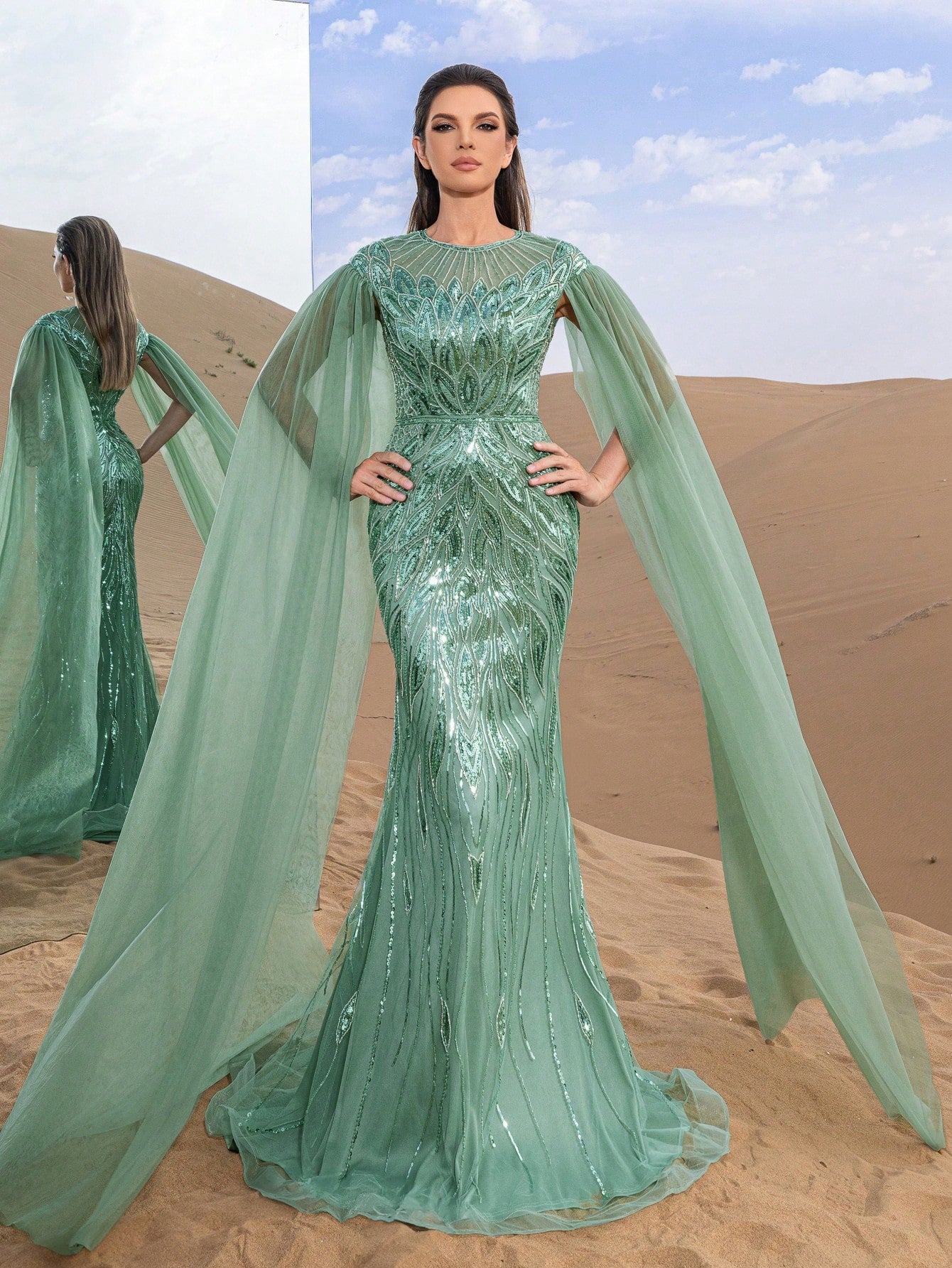 Exquisite Round-Neck Cape-Sleeve Evening Gown with Sculpted Fish-Tail Hemline