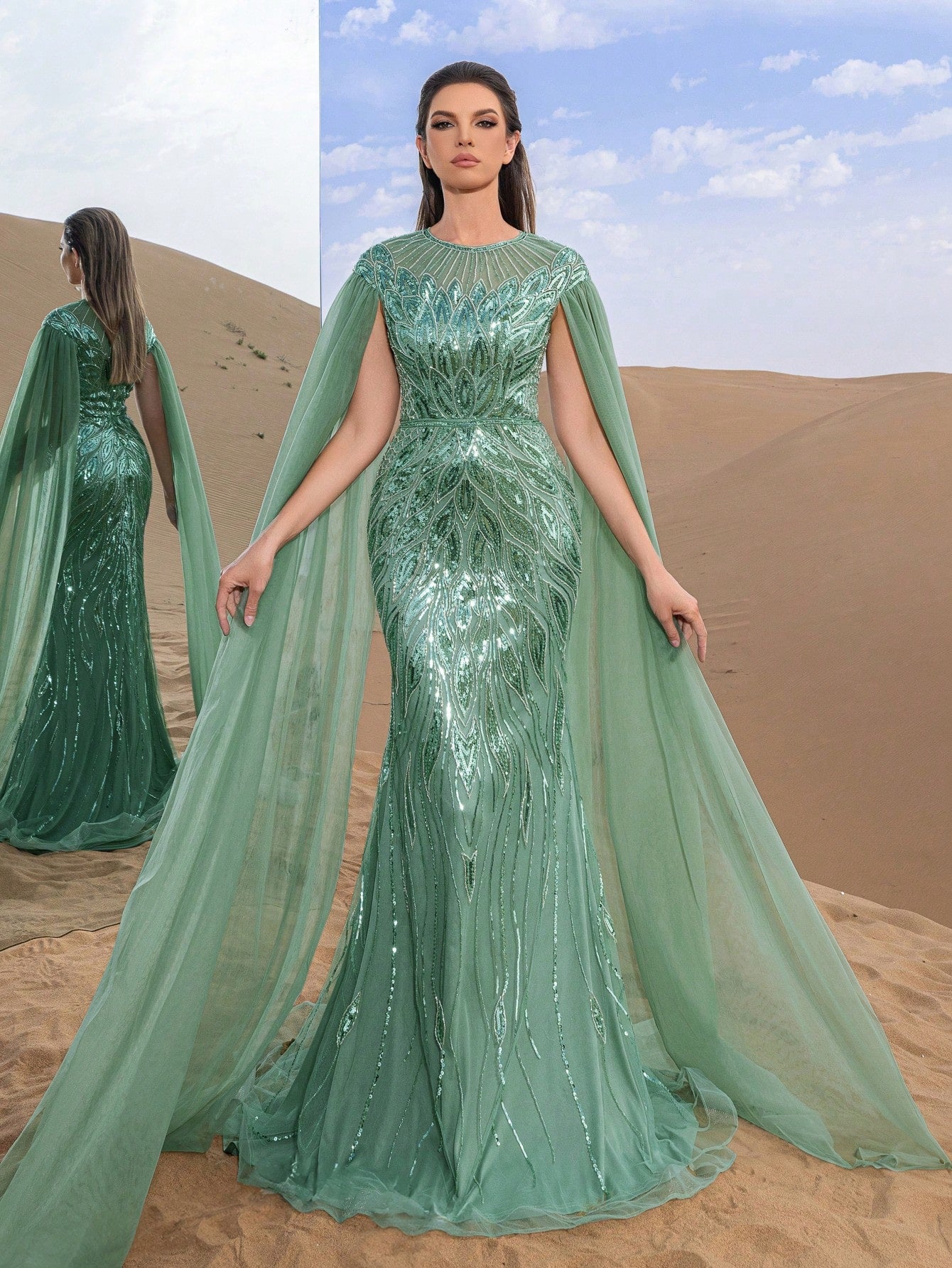 Exquisite Round-Neck Cape-Sleeve Evening Gown with Sculpted Fish-Tail Hemline